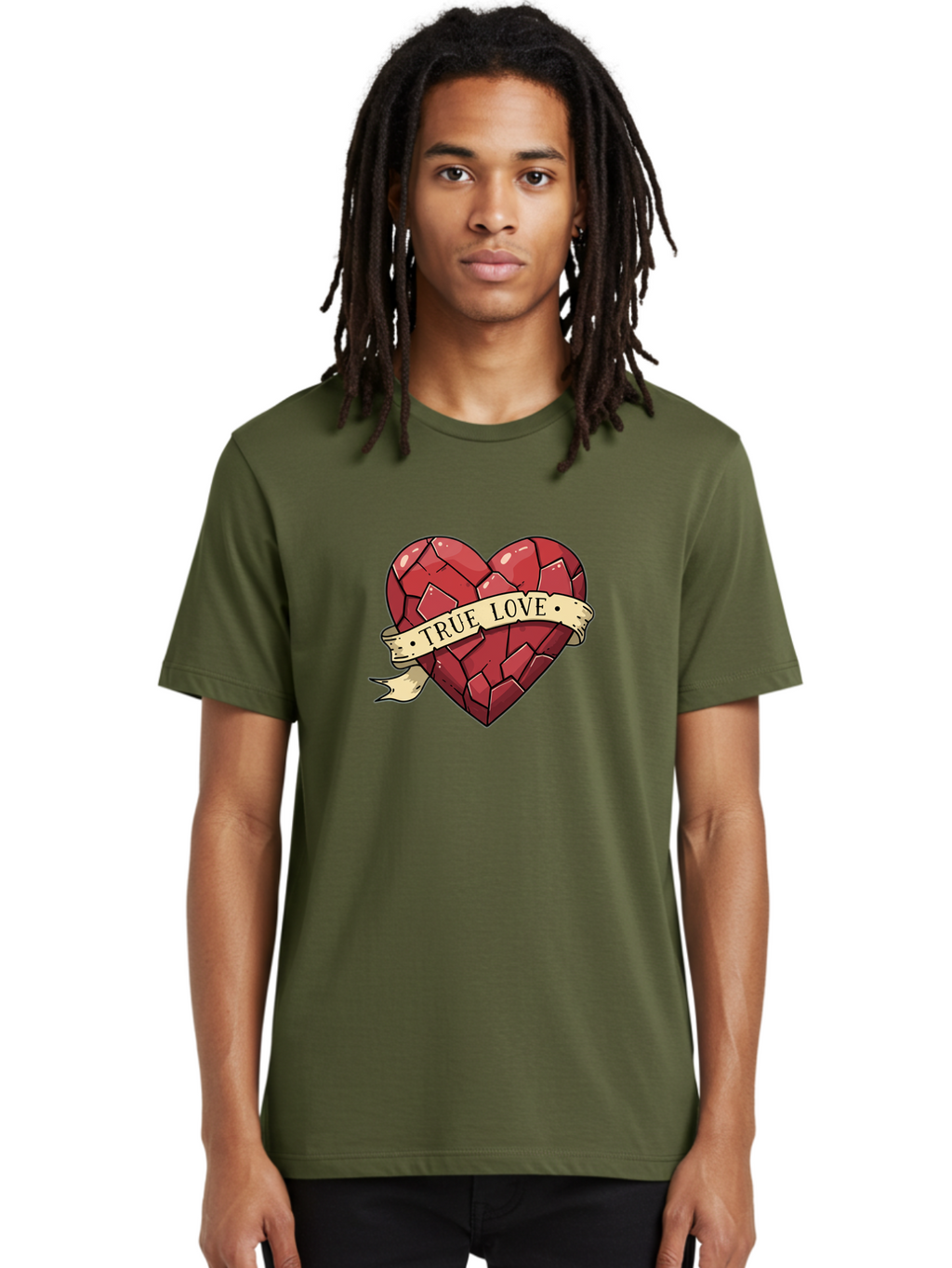 True-Love-10 Men'S Graphic Tee, 100% Cotton, Comfortable Casual Summer Wear, Machine Washable, Shattered Heart, Broken Heart, True Love, Vintage Style, Tattoo Art, Heartbreak, Love Symbol, Red Heart, Beige Ribbon Bae310