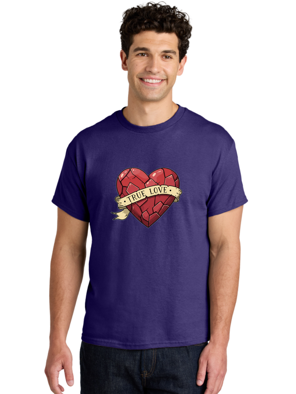 True-Love-10 Men'S Graphic Tee, 100% Cotton, Comfortable Casual Summer Wear, Machine Washable, Shattered Heart, Broken Heart, True Love, Vintage Style, Tattoo Art, Heartbreak, Love Symbol, Red Heart, Beige Ribbon Bae310