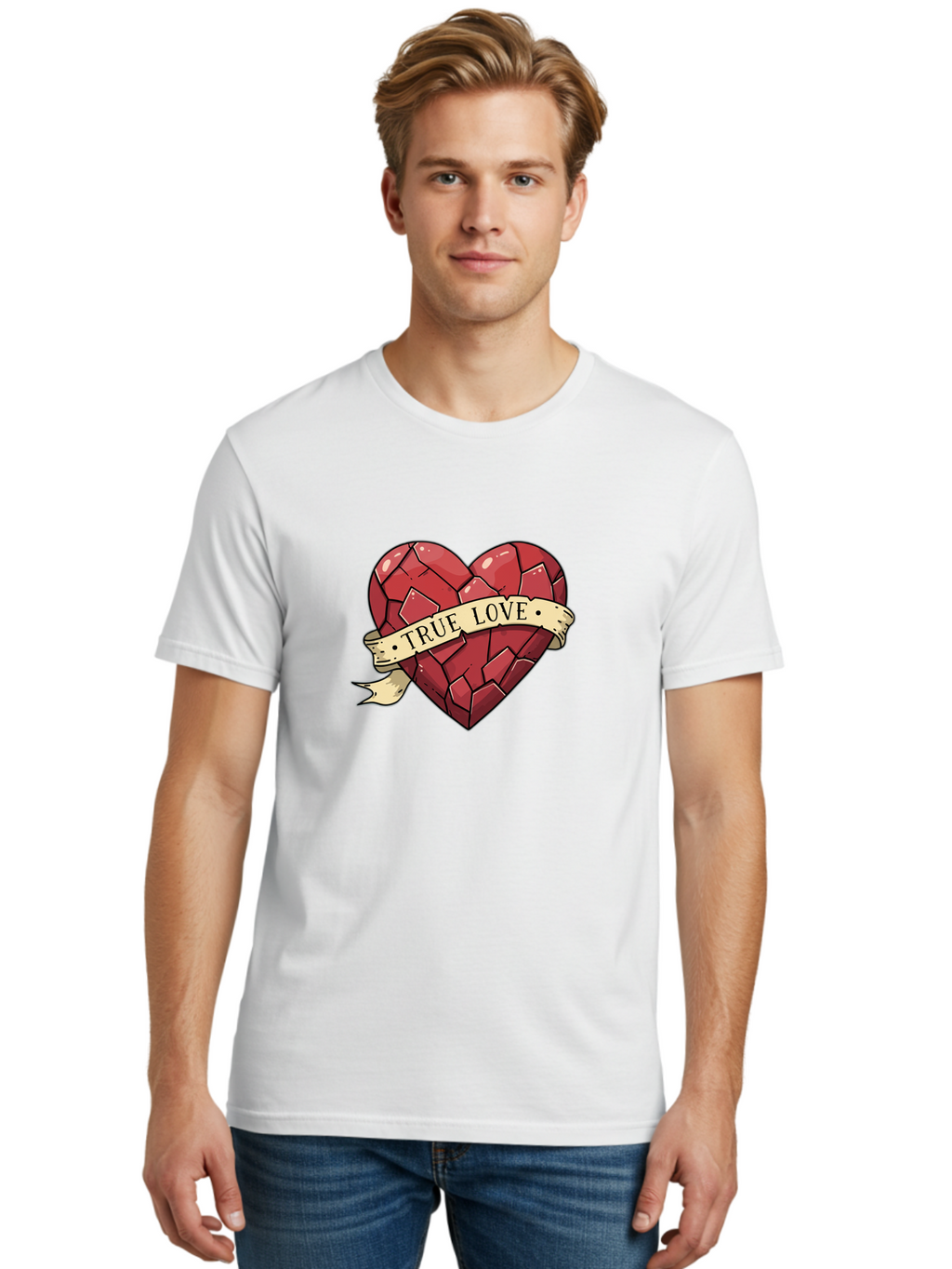 True-Love-10 Men'S Graphic Tee, 100% Cotton, Comfortable Casual Summer Wear, Machine Washable, Shattered Heart, Broken Heart, True Love, Vintage Style, Tattoo Art, Heartbreak, Love Symbol, Red Heart, Beige Ribbon Bae310