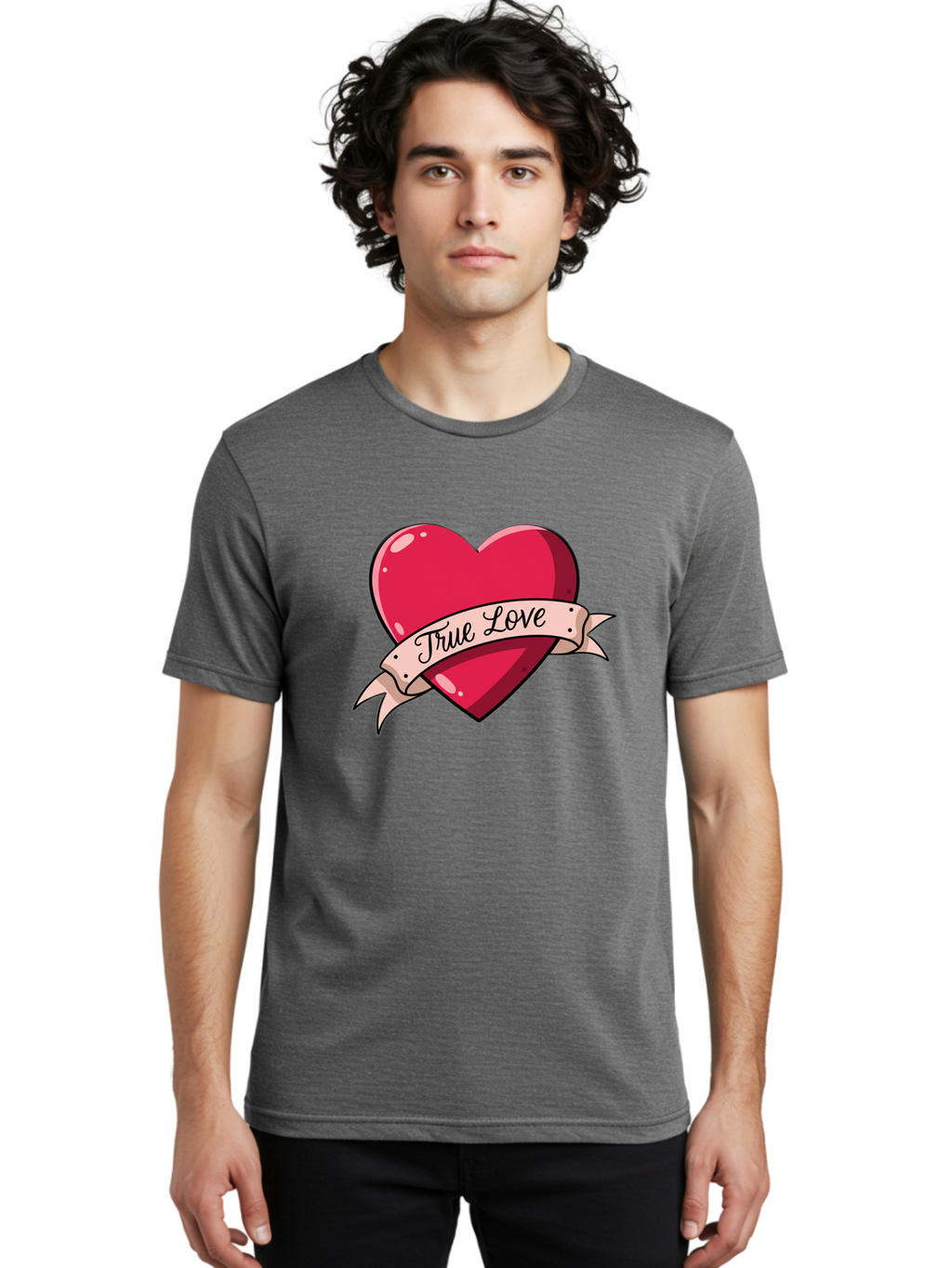 True-Love-2 Men'S Graphic Tee, 100% Cotton, Comfortable Casual Summer Wear, Machine Washable, Sweetheart Tattoo Design, Heart With Ribbon, True Love Phrase, Tattoo Art, Valentine Symbol, Love Heart Bae311