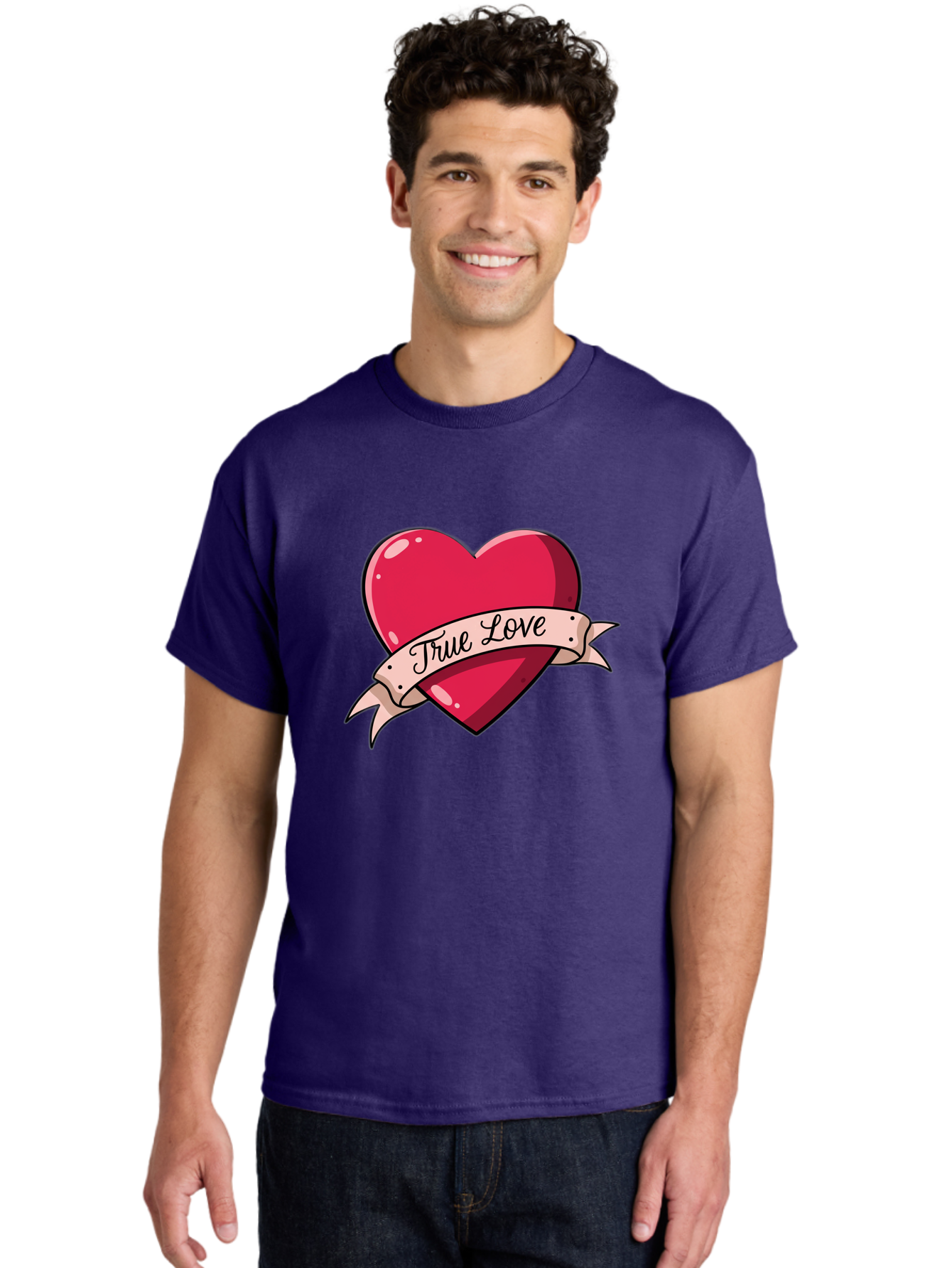 True-Love-2 Men'S Graphic Tee, 100% Cotton, Comfortable Casual Summer Wear, Machine Washable, Sweetheart Tattoo Design, Heart With Ribbon, True Love Phrase, Tattoo Art, Valentine Symbol, Love Heart Bae311