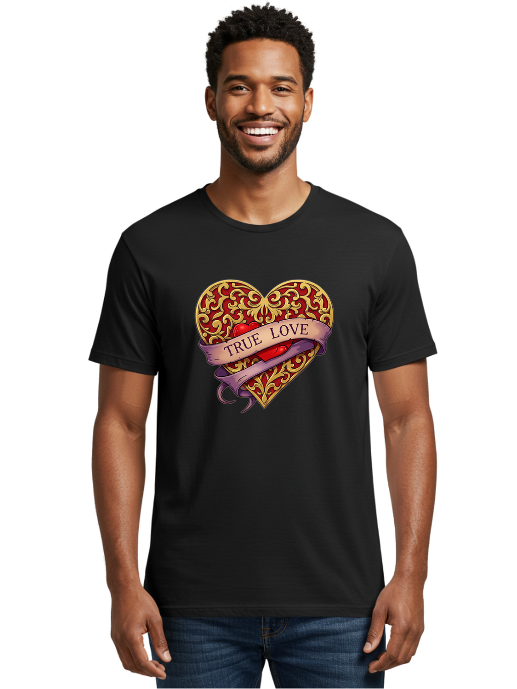 True-Love-3 Men'S Graphic Tee, 100% Cotton, Comfortable Casual Summer Wear, Machine Washable, Tattoo Style Heart, Ornate Gold Design, Red Heart Center, True Love Banner, Vintage Love Symbol, Classic Tattoo Art, Heart With Ribbon, Bae312