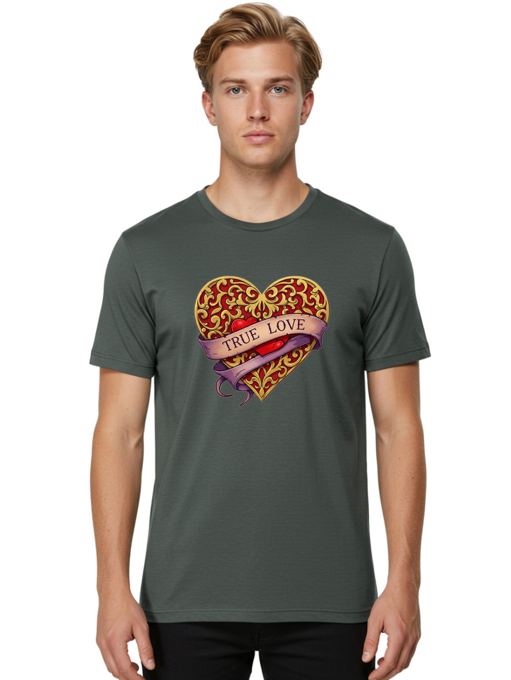 True-Love-3 Men'S Graphic Tee, 100% Cotton, Comfortable Casual Summer Wear, Machine Washable, Tattoo Style Heart, Ornate Gold Design, Red Heart Center, True Love Banner, Vintage Love Symbol, Classic Tattoo Art, Heart With Ribbon, Bae312