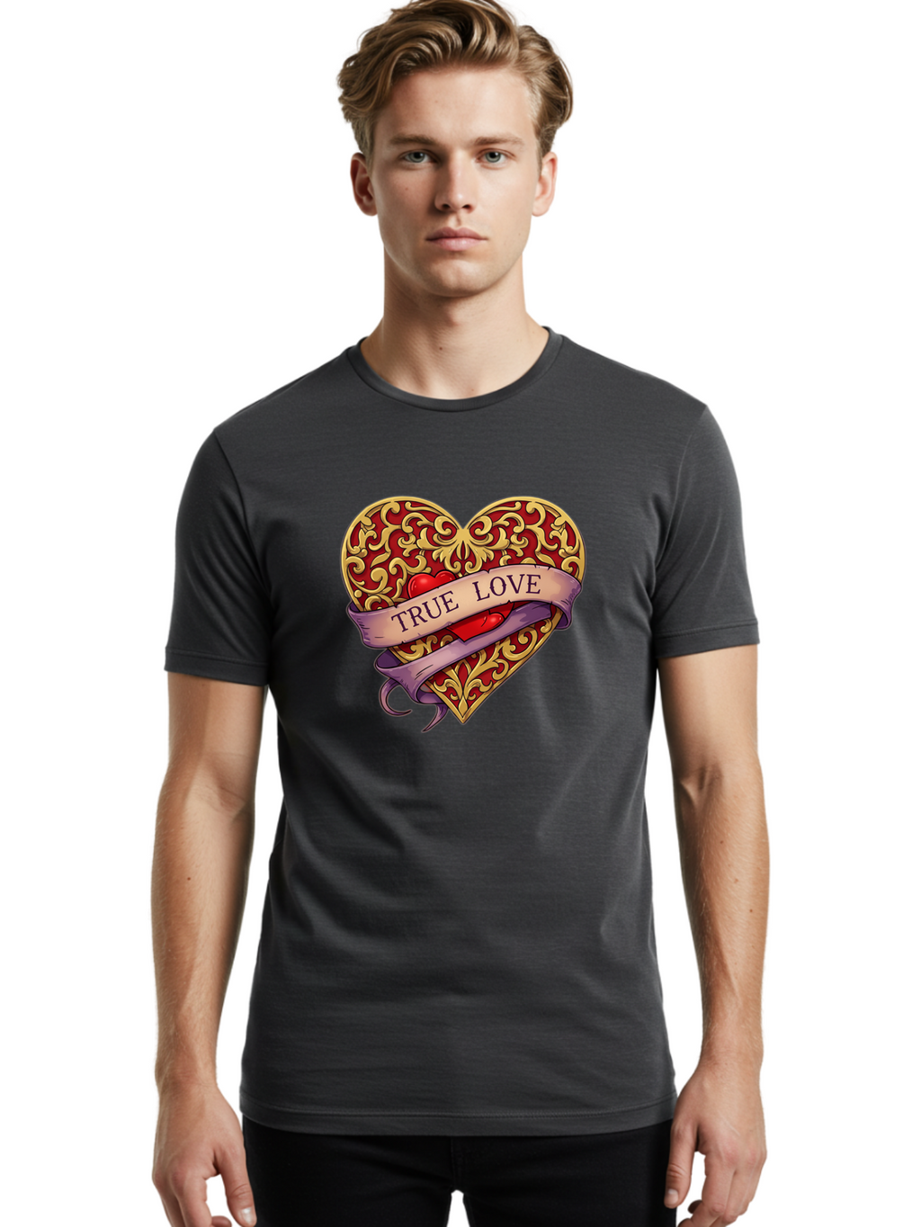 True-Love-3 Men'S Graphic Tee, 100% Cotton, Comfortable Casual Summer Wear, Machine Washable, Tattoo Style Heart, Ornate Gold Design, Red Heart Center, True Love Banner, Vintage Love Symbol, Classic Tattoo Art, Heart With Ribbon, Bae312