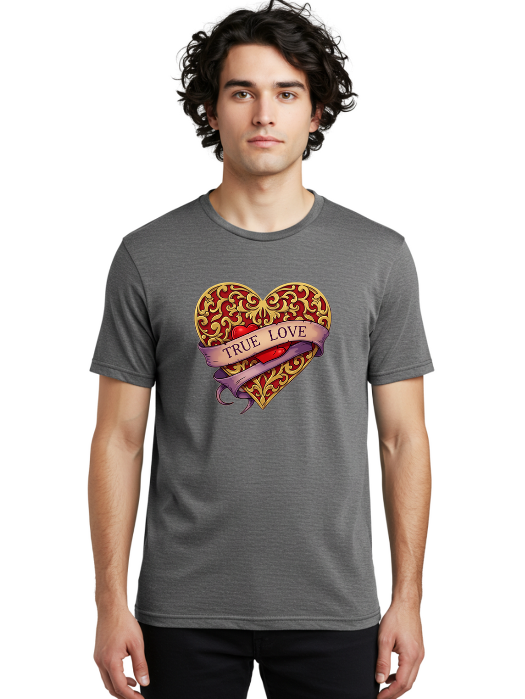True-Love-3 Men'S Graphic Tee, 100% Cotton, Comfortable Casual Summer Wear, Machine Washable, Tattoo Style Heart, Ornate Gold Design, Red Heart Center, True Love Banner, Vintage Love Symbol, Classic Tattoo Art, Heart With Ribbon, Bae312