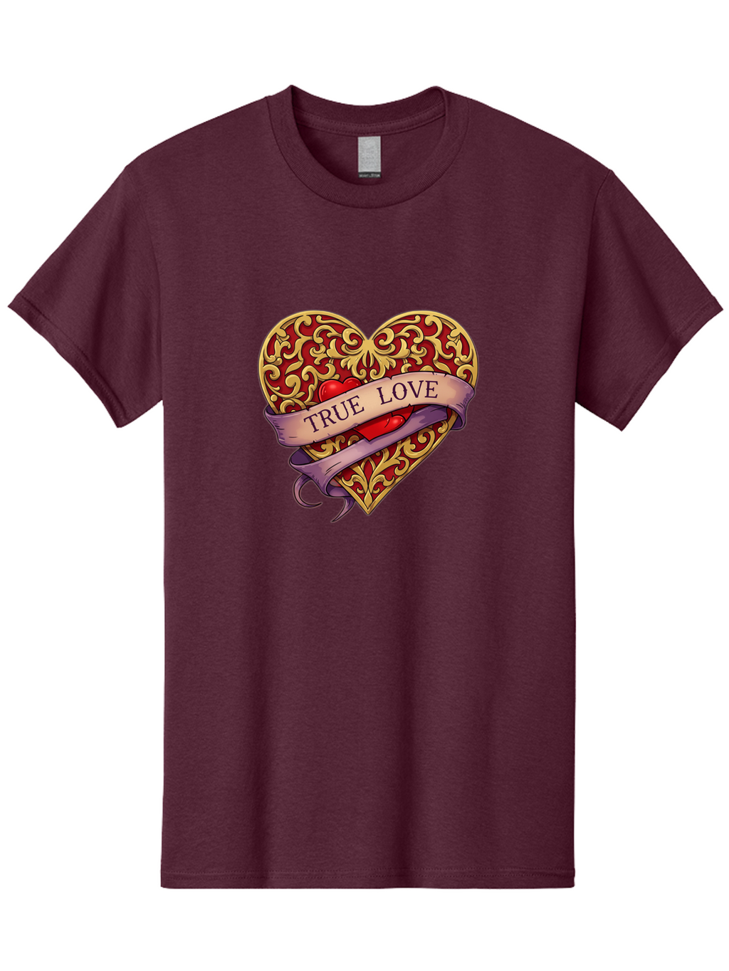 True-Love-3 Men'S Graphic Tee, 100% Cotton, Comfortable Casual Summer Wear, Machine Washable, Tattoo Style Heart, Ornate Gold Design, Red Heart Center, True Love Banner, Vintage Love Symbol, Classic Tattoo Art, Heart With Ribbon, Bae312