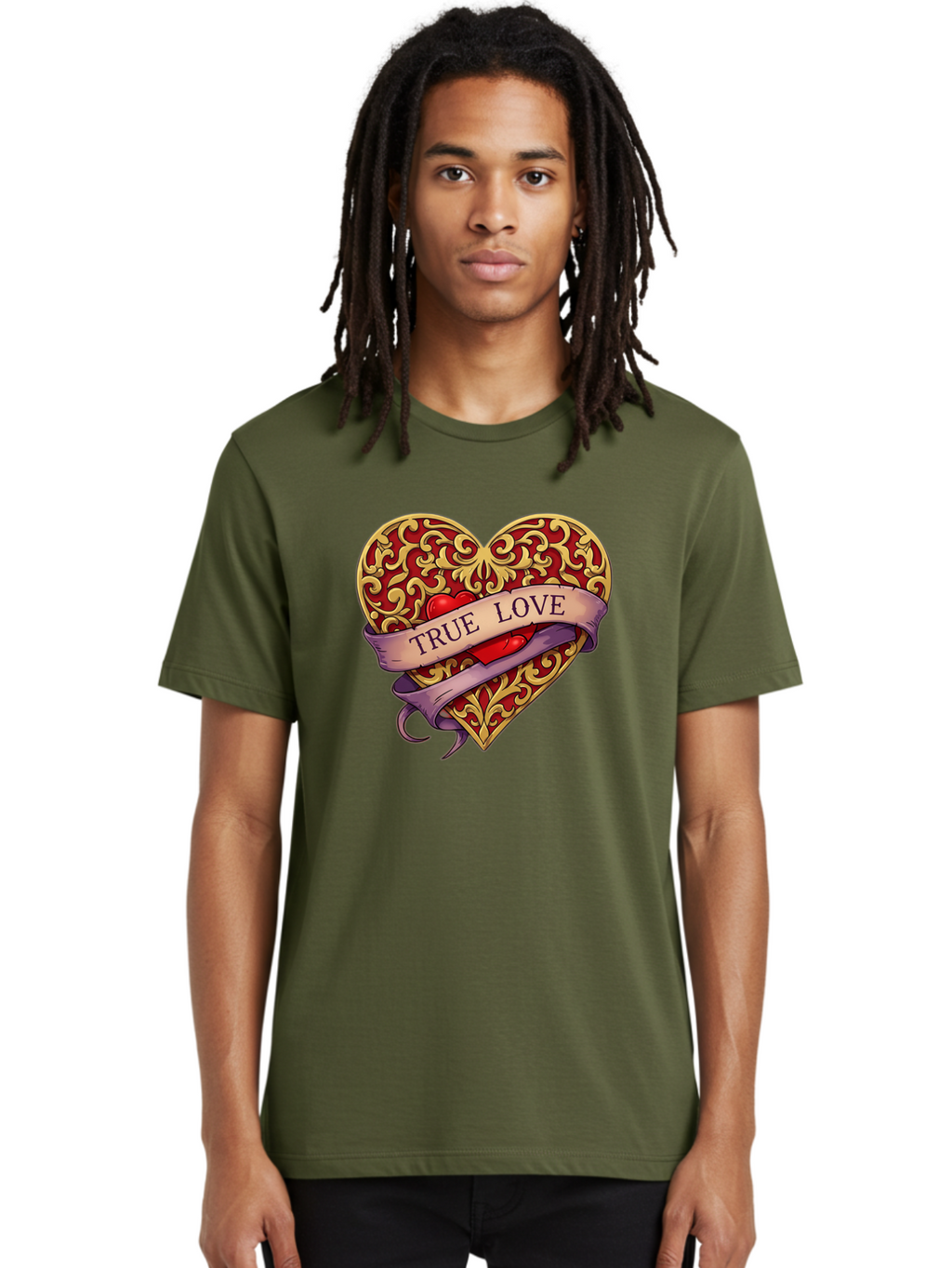 True-Love-3 Men'S Graphic Tee, 100% Cotton, Comfortable Casual Summer Wear, Machine Washable, Tattoo Style Heart, Ornate Gold Design, Red Heart Center, True Love Banner, Vintage Love Symbol, Classic Tattoo Art, Heart With Ribbon, Bae312