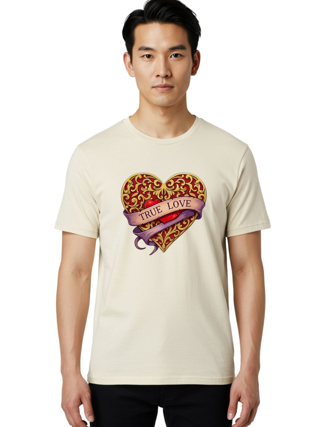 True-Love-3 Men'S Graphic Tee, 100% Cotton, Comfortable Casual Summer Wear, Machine Washable, Tattoo Style Heart, Ornate Gold Design, Red Heart Center, True Love Banner, Vintage Love Symbol, Classic Tattoo Art, Heart With Ribbon, Bae312