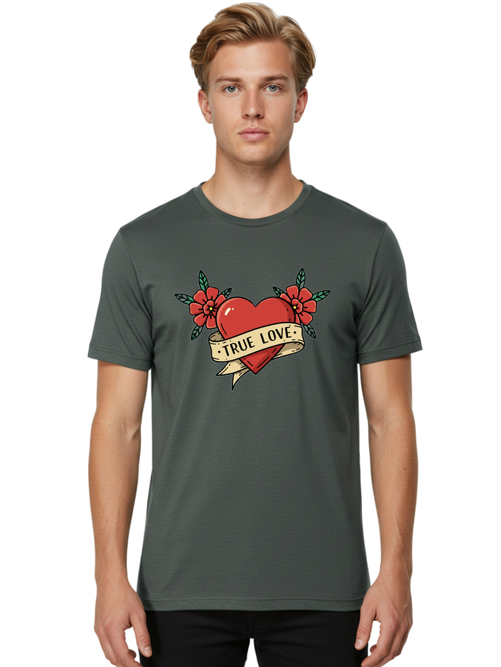 True-Love-4 Men'S Graphic Tee, 100% Cotton, Comfortable Casual Summer Wear, Machine Washable, Red Heart, True Love, Vintage Tattoo, Floral Design, Red Flowers, Love Symbol, Classic Tattoo Art, Heart With Ribbon, Retro Style Bae313