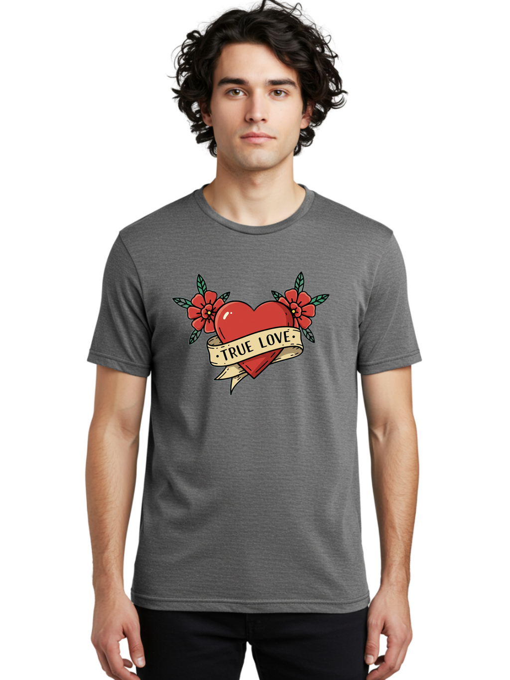 True-Love-4 Men'S Graphic Tee, 100% Cotton, Comfortable Casual Summer Wear, Machine Washable, Red Heart, True Love, Vintage Tattoo, Floral Design, Red Flowers, Love Symbol, Classic Tattoo Art, Heart With Ribbon, Retro Style Bae313