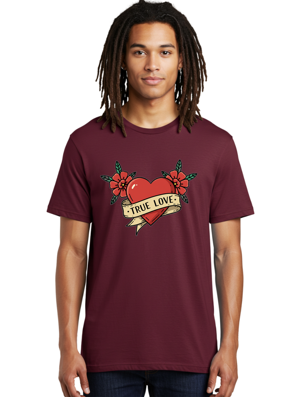 True-Love-4 Men'S Graphic Tee, 100% Cotton, Comfortable Casual Summer Wear, Machine Washable, Red Heart, True Love, Vintage Tattoo, Floral Design, Red Flowers, Love Symbol, Classic Tattoo Art, Heart With Ribbon, Retro Style Bae313