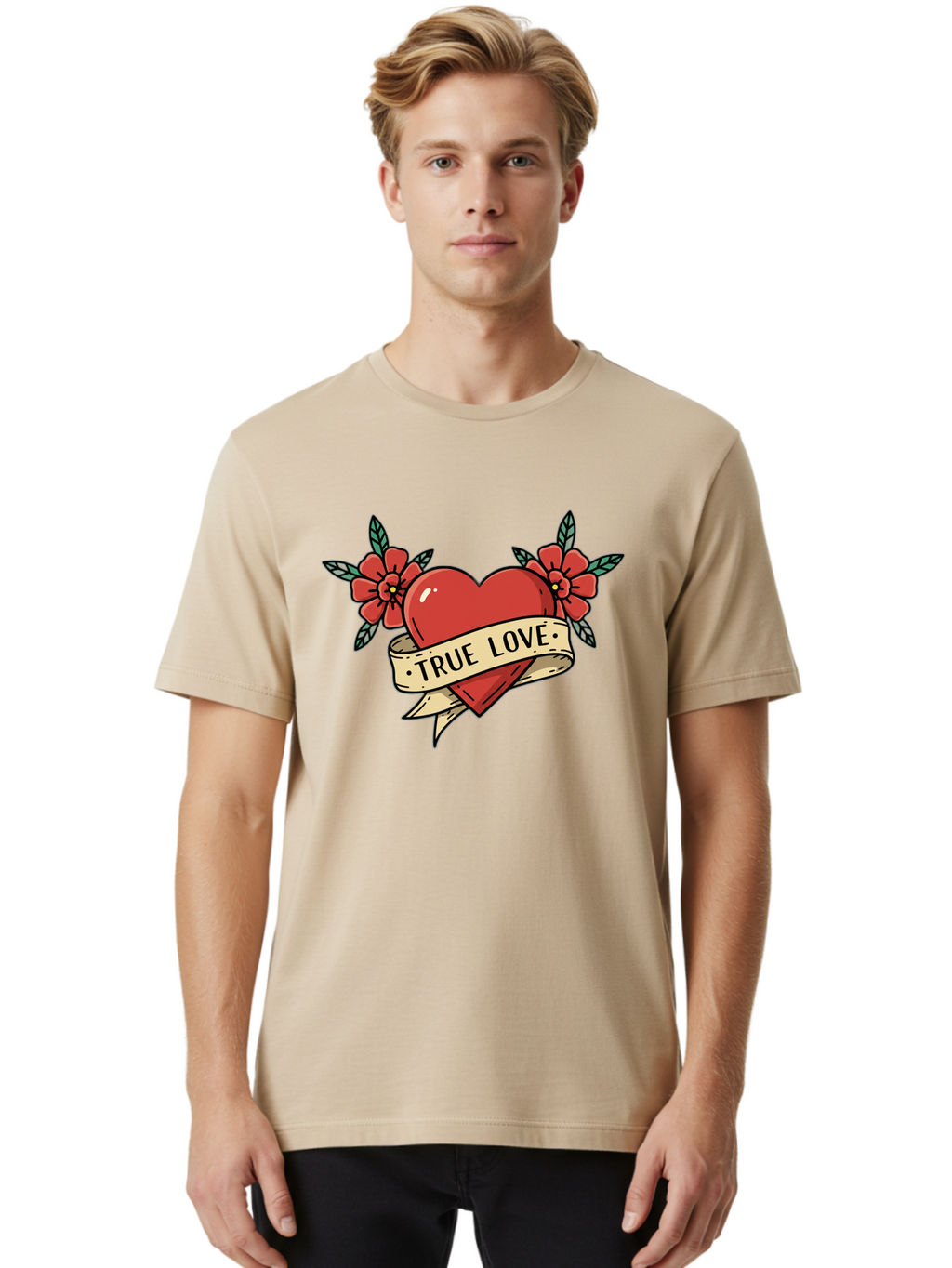 True-Love-4 Men'S Graphic Tee, 100% Cotton, Comfortable Casual Summer Wear, Machine Washable, Red Heart, True Love, Vintage Tattoo, Floral Design, Red Flowers, Love Symbol, Classic Tattoo Art, Heart With Ribbon, Retro Style Bae313