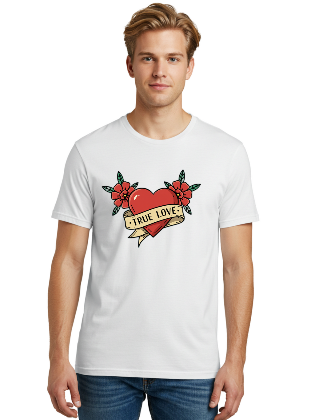 True-Love-4 Men'S Graphic Tee, 100% Cotton, Comfortable Casual Summer Wear, Machine Washable, Red Heart, True Love, Vintage Tattoo, Floral Design, Red Flowers, Love Symbol, Classic Tattoo Art, Heart With Ribbon, Retro Style Bae313
