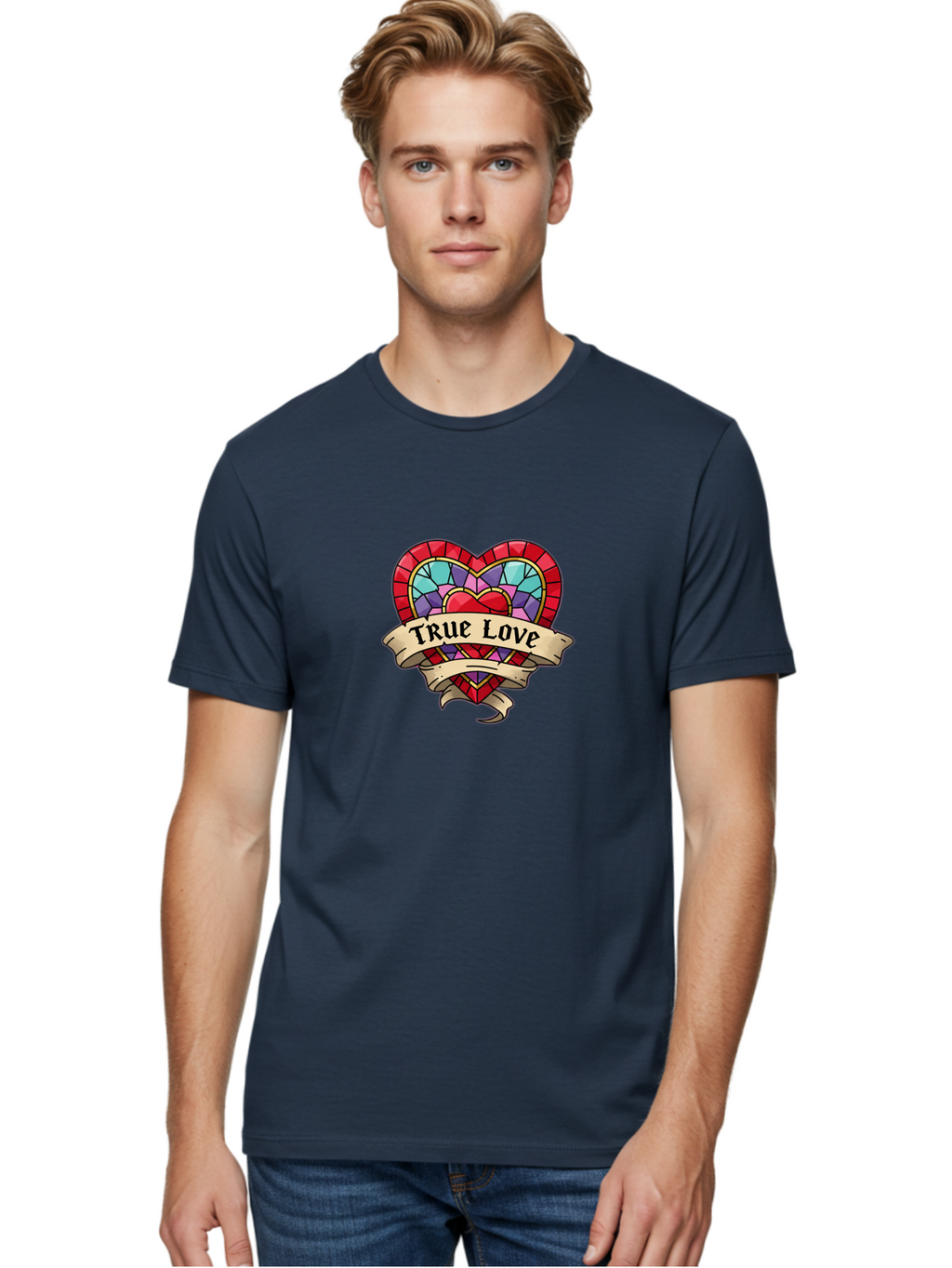 True-Love-5 Men'S Graphic Tee, 100% Cotton, Comfortable Casual Summer Wear, Machine Washable, Tattoo Style Heart, Stained Glass Heart, True Love, Valentine'S Day, Love Symbol, Heart Shaped, Romantic Gesture, Colorful Heart, Vintage Love Bae314