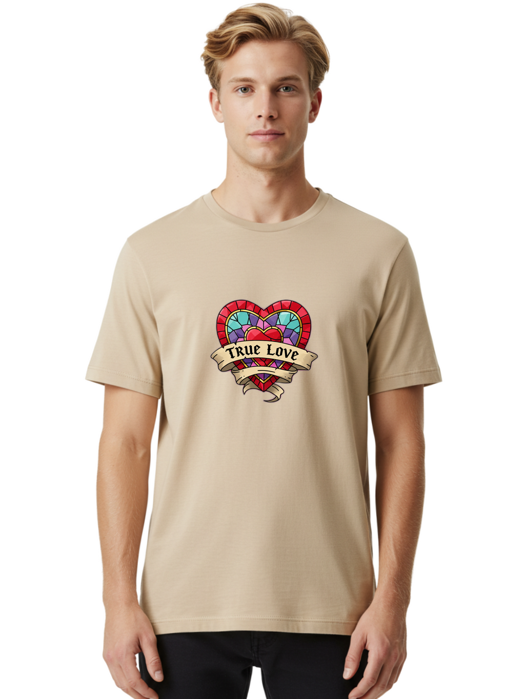 True-Love-5 Men'S Graphic Tee, 100% Cotton, Comfortable Casual Summer Wear, Machine Washable, Tattoo Style Heart, Stained Glass Heart, True Love, Valentine'S Day, Love Symbol, Heart Shaped, Romantic Gesture, Colorful Heart, Vintage Love Bae314