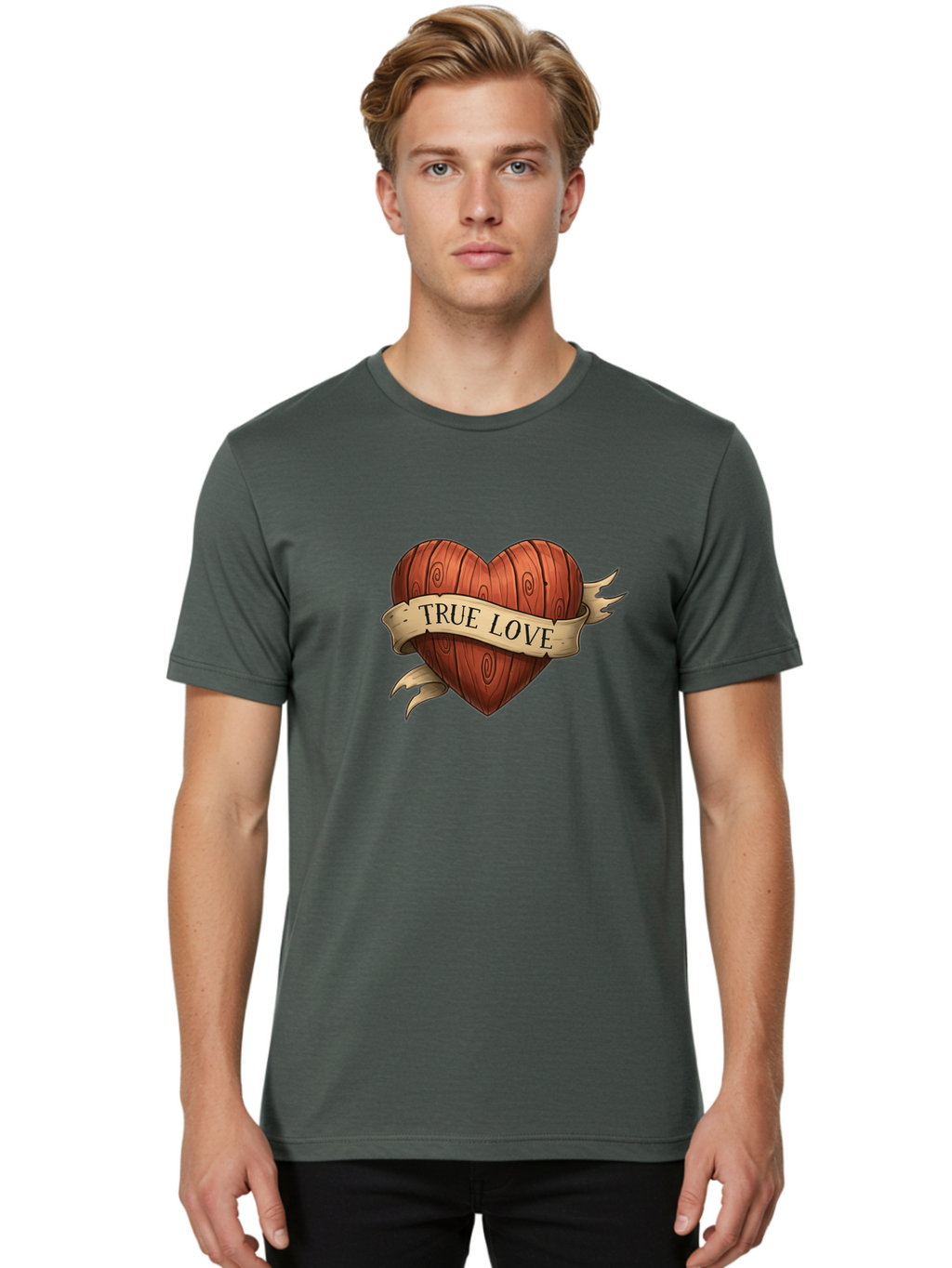 True-Love-6 Men'S Graphic Tee, 100% Cotton, Comfortable Casual Summer Wear, Machine Washable, Wooden Heart, Vintage Love, True Love, Tattoo Art, Classic Symbol, Traditional Design, Romantic Gesture, Wooden Texture, Heart Shape, Nostalgic Feel, Bae315