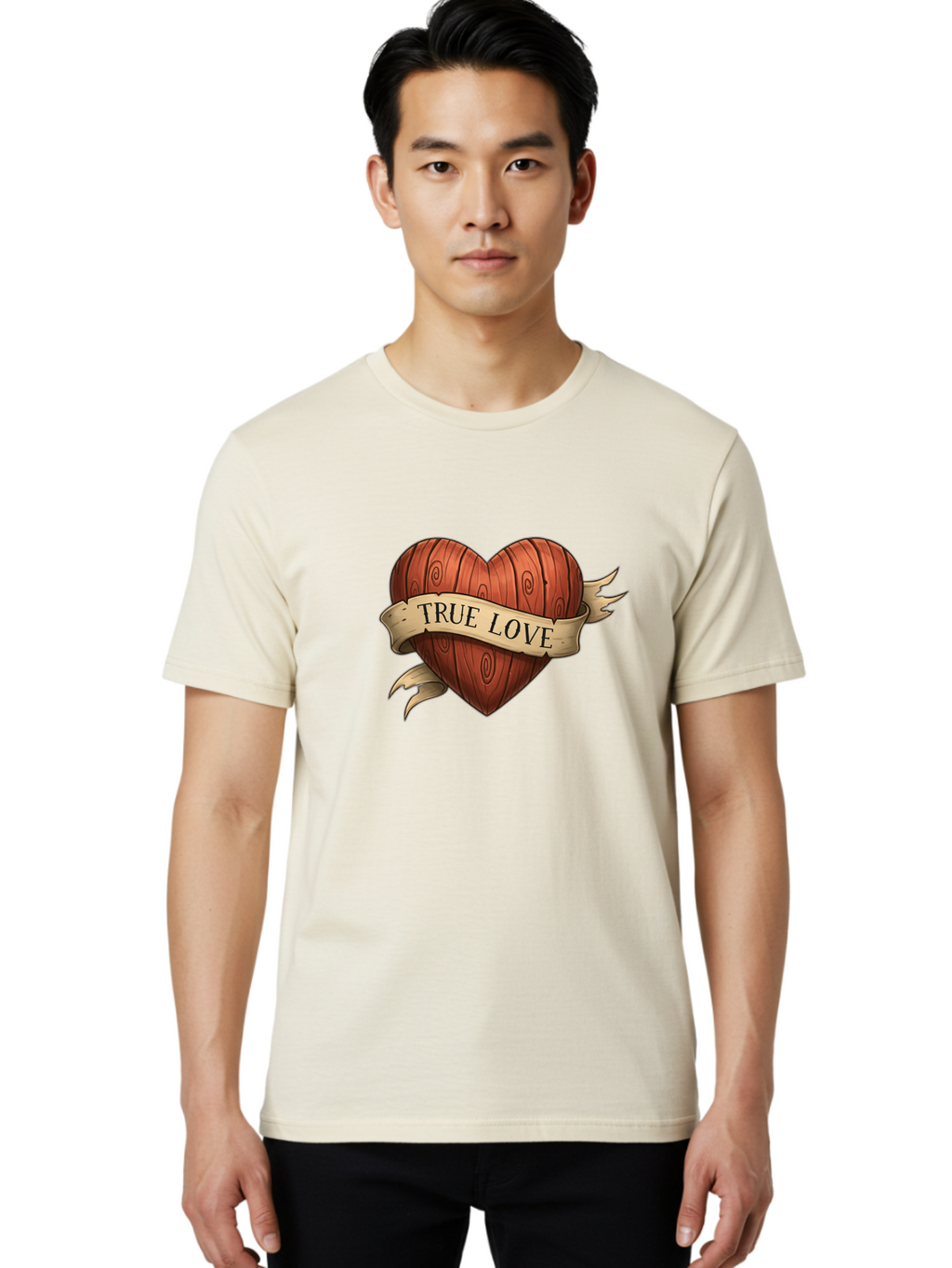 True-Love-6 Men'S Graphic Tee, 100% Cotton, Comfortable Casual Summer Wear, Machine Washable, Wooden Heart, Vintage Love, True Love, Tattoo Art, Classic Symbol, Traditional Design, Romantic Gesture, Wooden Texture, Heart Shape, Nostalgic Feel, Bae315
