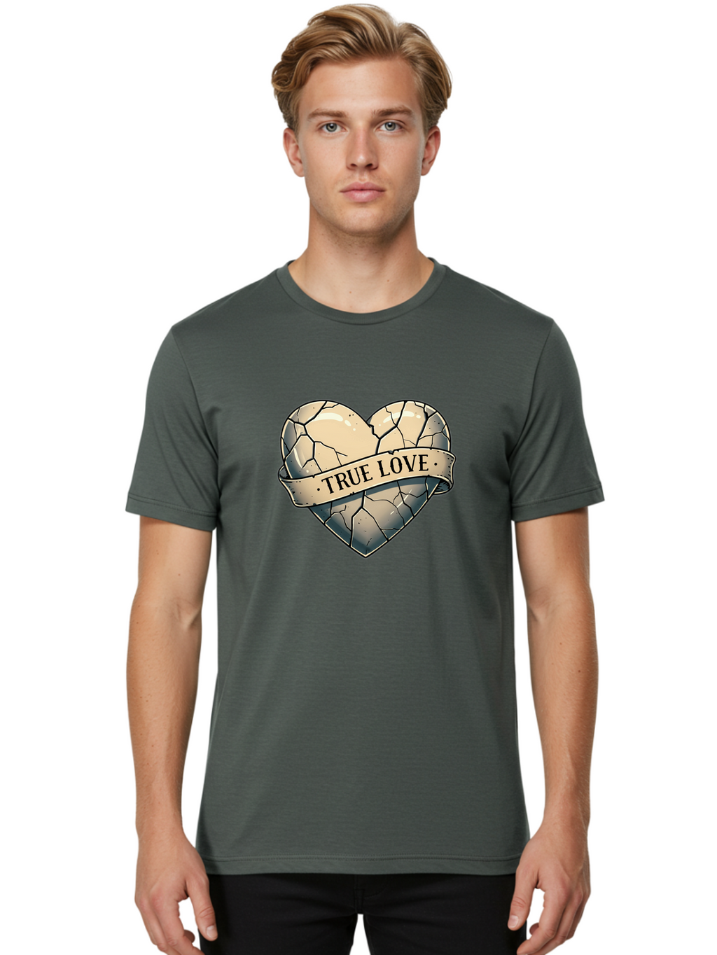 True-Love-8 Men'S Graphic Tee, 100% Cotton, Comfortable Casual Summer Wear, Machine Washable, Cracked Heart, True Love Banner, Vintage Design, Distressed Texture, Heart Symbol, Love Theme, Tattoo Style, Black And White Illustration Bae317