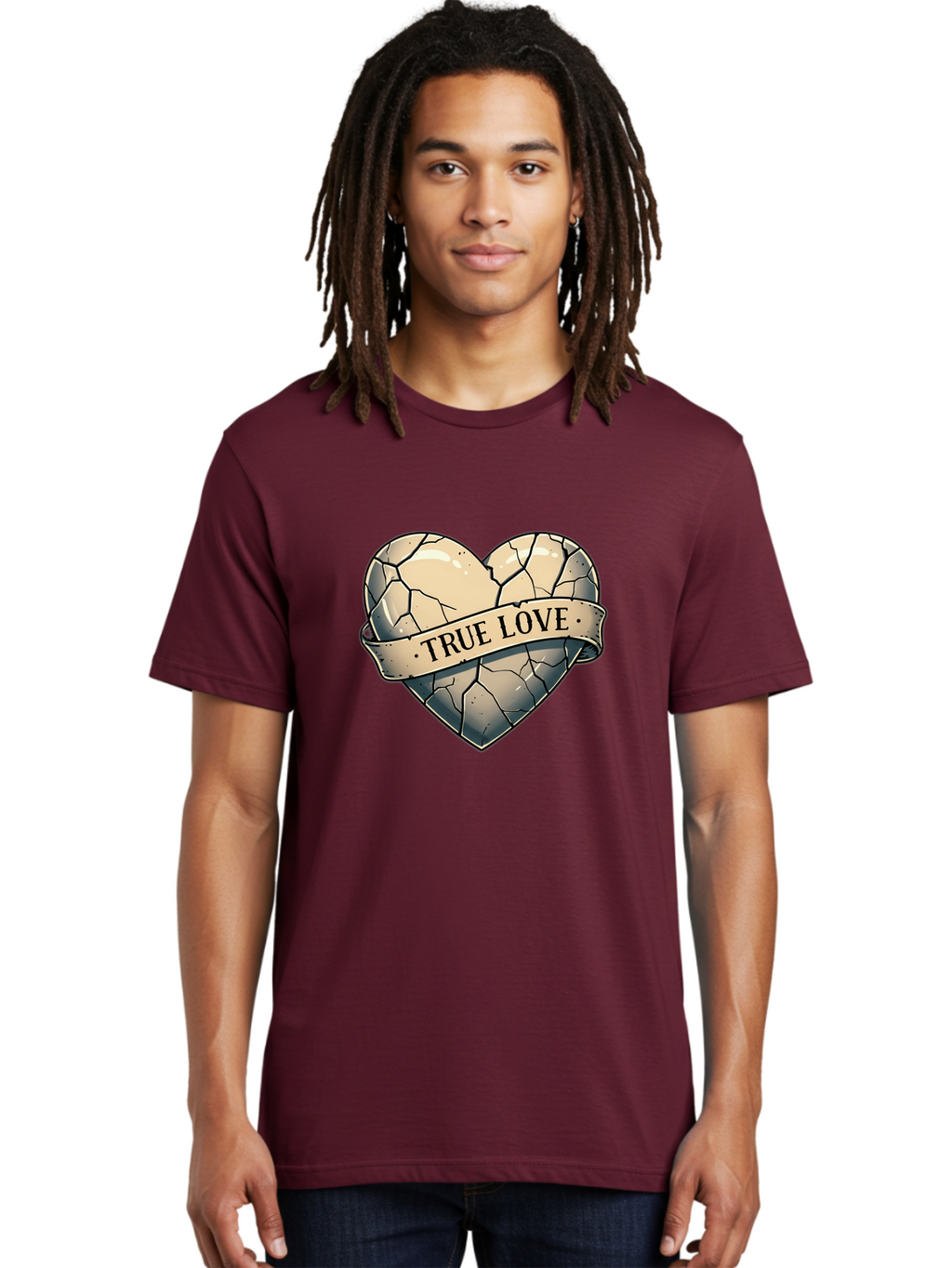 True-Love-8 Men'S Graphic Tee, 100% Cotton, Comfortable Casual Summer Wear, Machine Washable, Cracked Heart, True Love Banner, Vintage Design, Distressed Texture, Heart Symbol, Love Theme, Tattoo Style, Black And White Illustration Bae317