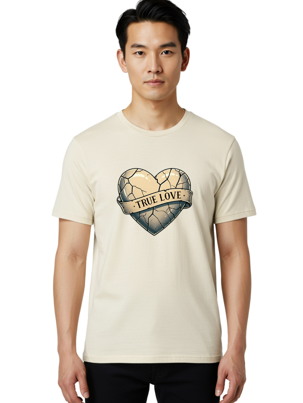 True-Love-8 Men'S Graphic Tee, 100% Cotton, Comfortable Casual Summer Wear, Machine Washable, Cracked Heart, True Love Banner, Vintage Design, Distressed Texture, Heart Symbol, Love Theme, Tattoo Style, Black And White Illustration Bae317
