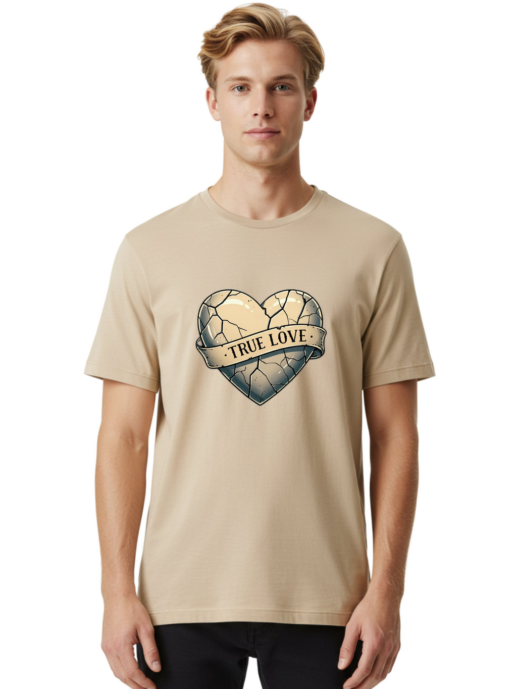 True-Love-8 Men'S Graphic Tee, 100% Cotton, Comfortable Casual Summer Wear, Machine Washable, Cracked Heart, True Love Banner, Vintage Design, Distressed Texture, Heart Symbol, Love Theme, Tattoo Style, Black And White Illustration Bae317