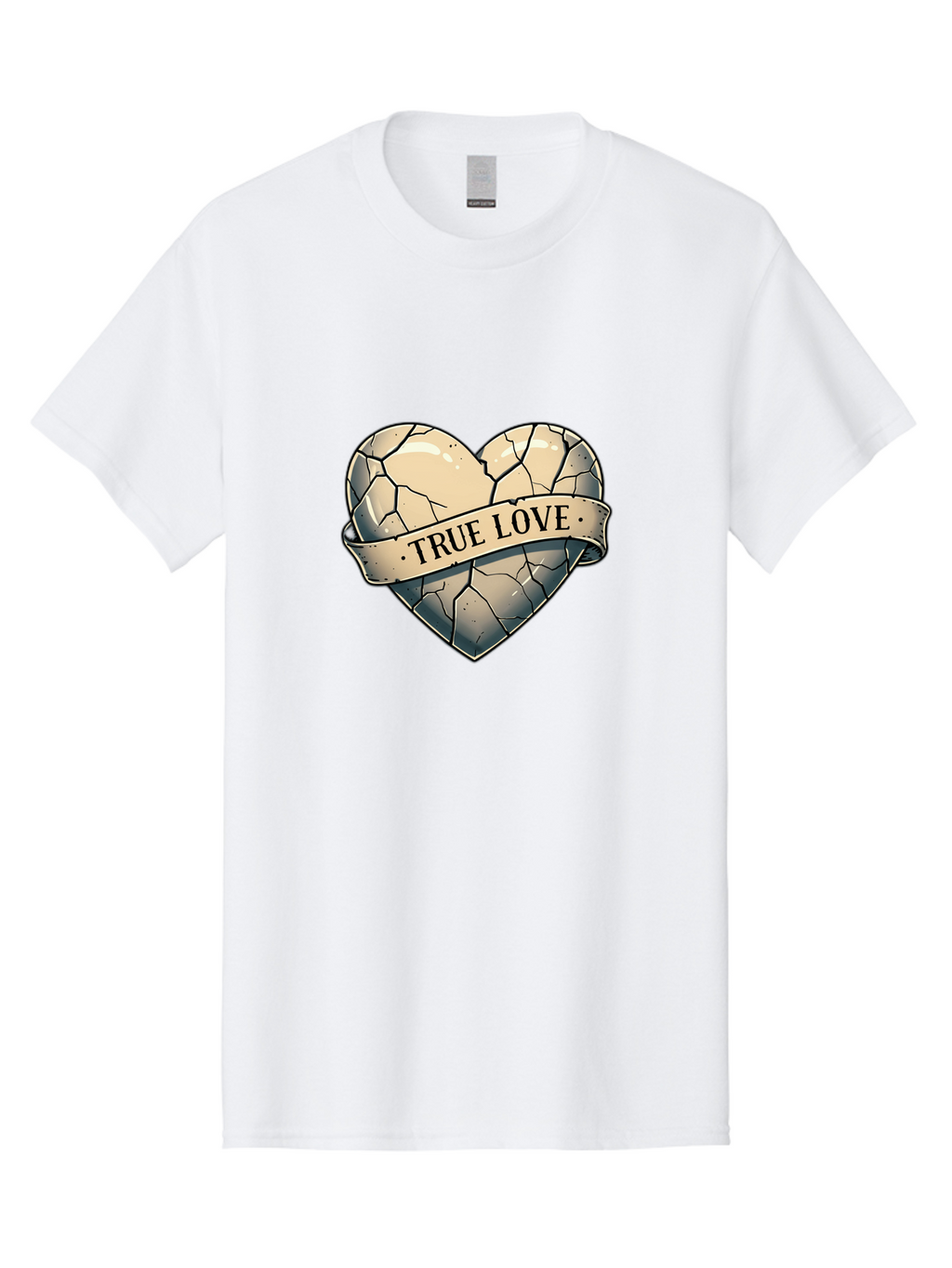 True-Love-8 Men'S Graphic Tee, 100% Cotton, Comfortable Casual Summer Wear, Machine Washable, Cracked Heart, True Love Banner, Vintage Design, Distressed Texture, Heart Symbol, Love Theme, Tattoo Style, Black And White Illustration Bae317