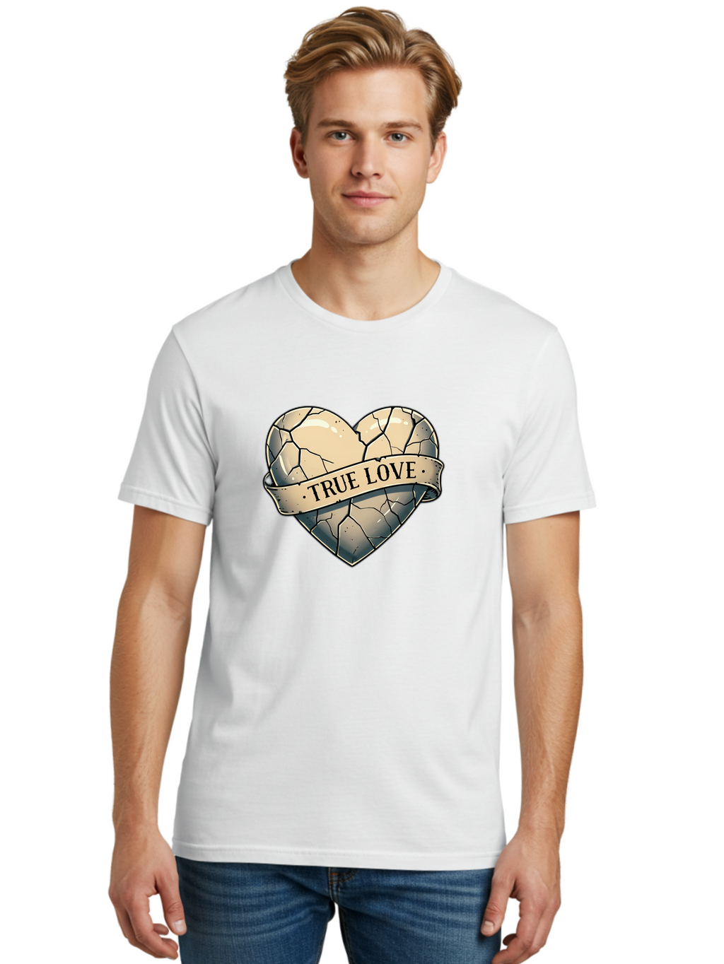 True-Love-8 Men'S Graphic Tee, 100% Cotton, Comfortable Casual Summer Wear, Machine Washable, Cracked Heart, True Love Banner, Vintage Design, Distressed Texture, Heart Symbol, Love Theme, Tattoo Style, Black And White Illustration Bae317