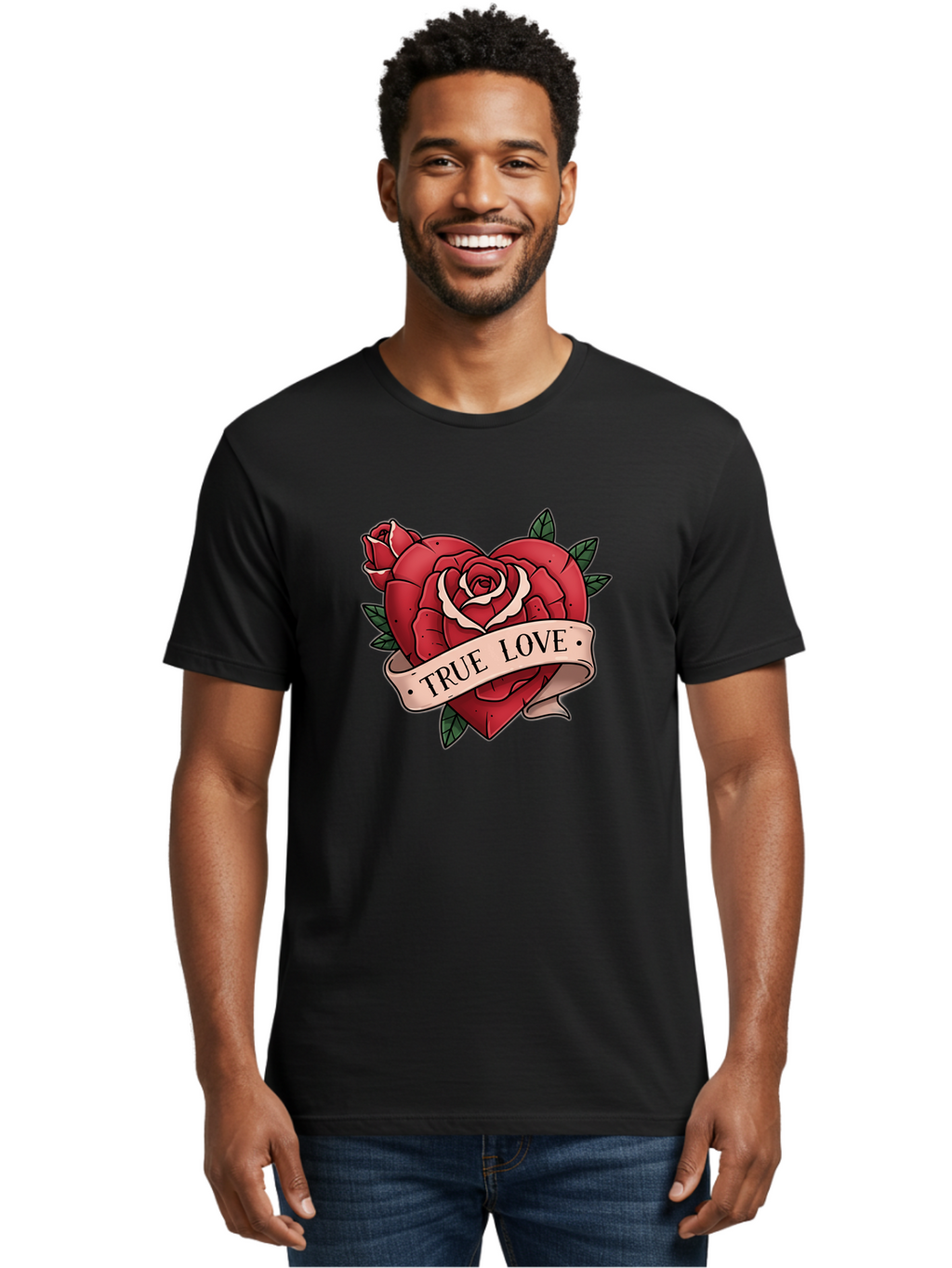 True-Love-9 Men'S Graphic Tee, 100% Cotton, Comfortable Casual Summer Wear, Machine Washable, Red Roses, True Love Banner, Vintage Tattoo Style, Symbolic Love, Classic Romance, Elegant Design, Beautiful Flowers, Floral Art Bae318
