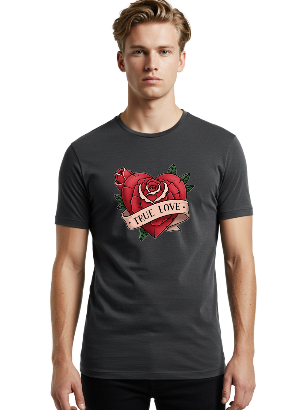 True-Love-9 Men'S Graphic Tee, 100% Cotton, Comfortable Casual Summer Wear, Machine Washable, Red Roses, True Love Banner, Vintage Tattoo Style, Symbolic Love, Classic Romance, Elegant Design, Beautiful Flowers, Floral Art Bae318