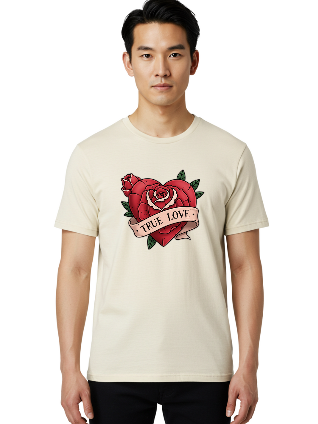 True-Love-9 Men'S Graphic Tee, 100% Cotton, Comfortable Casual Summer Wear, Machine Washable, Red Roses, True Love Banner, Vintage Tattoo Style, Symbolic Love, Classic Romance, Elegant Design, Beautiful Flowers, Floral Art Bae318