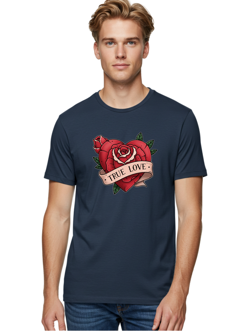 True-Love-9 Men'S Graphic Tee, 100% Cotton, Comfortable Casual Summer Wear, Machine Washable, Red Roses, True Love Banner, Vintage Tattoo Style, Symbolic Love, Classic Romance, Elegant Design, Beautiful Flowers, Floral Art Bae318