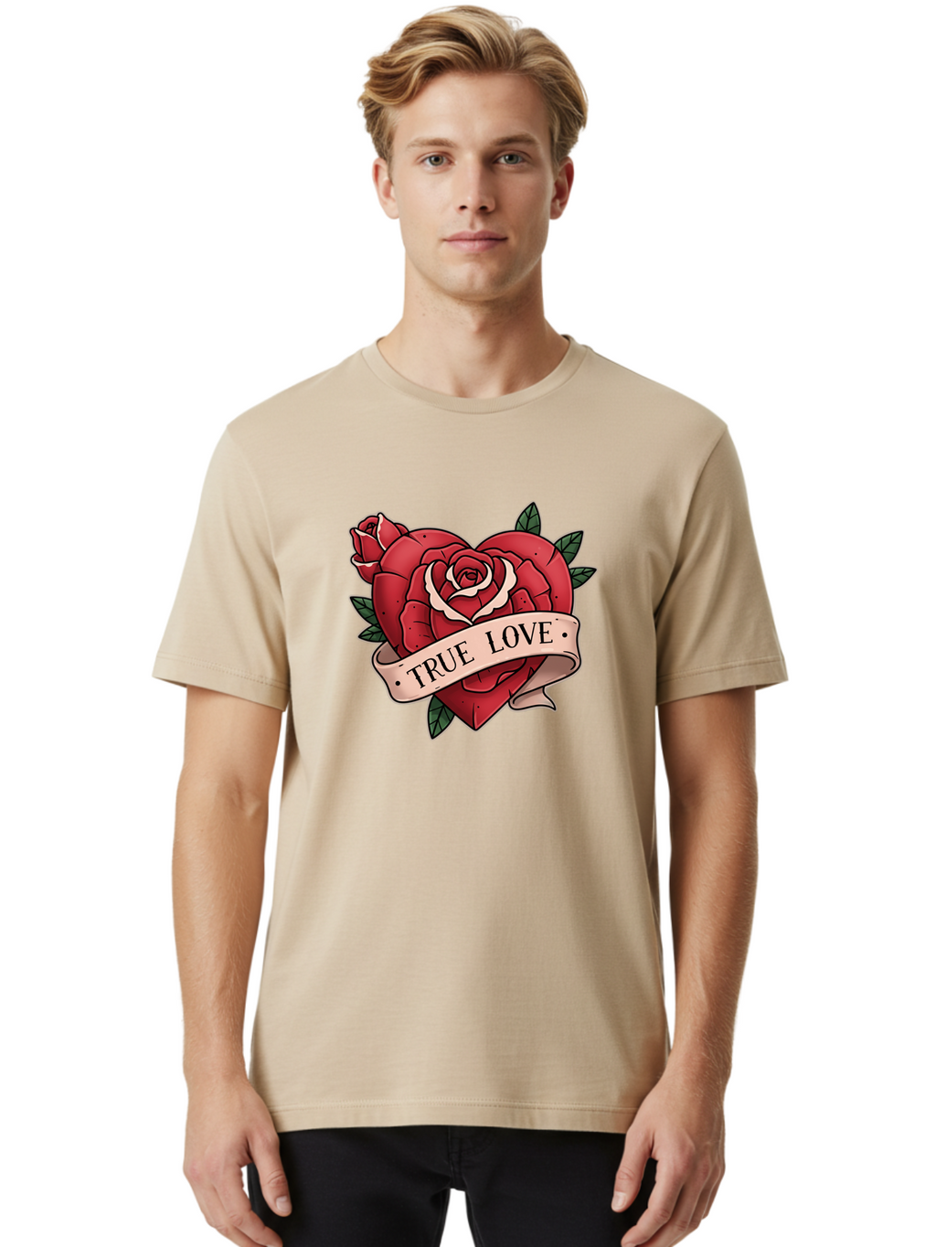True-Love-9 Men'S Graphic Tee, 100% Cotton, Comfortable Casual Summer Wear, Machine Washable, Red Roses, True Love Banner, Vintage Tattoo Style, Symbolic Love, Classic Romance, Elegant Design, Beautiful Flowers, Floral Art Bae318