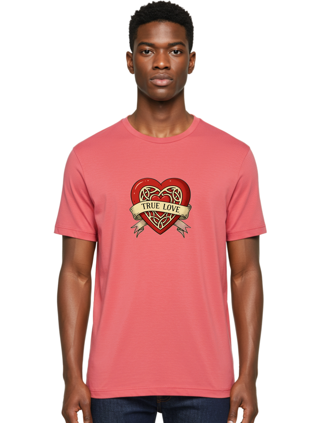True-Love-Heart-1 Men'S Graphic Tee, 100% Cotton, Comfortable Casual Summer Wear, Machine Washable, Red Heart, Celtic Knotwork Design, True Love, Vintage Banner, Romantic Symbol, Tattoo Art, Love Theme, Heart Shape, Classic Design, Love Symbol Bae319