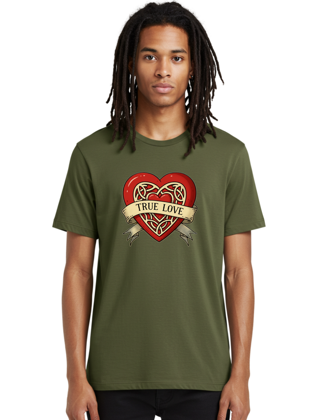 True-Love-Heart-1 Men'S Graphic Tee, 100% Cotton, Comfortable Casual Summer Wear, Machine Washable, Red Heart, Celtic Knotwork Design, True Love, Vintage Banner, Romantic Symbol, Tattoo Art, Love Theme, Heart Shape, Classic Design, Love Symbol Bae319