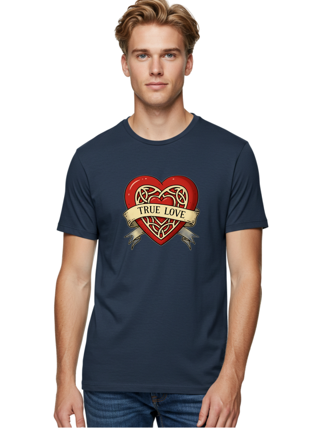 True-Love-Heart-1 Men'S Graphic Tee, 100% Cotton, Comfortable Casual Summer Wear, Machine Washable, Red Heart, Celtic Knotwork Design, True Love, Vintage Banner, Romantic Symbol, Tattoo Art, Love Theme, Heart Shape, Classic Design, Love Symbol Bae319