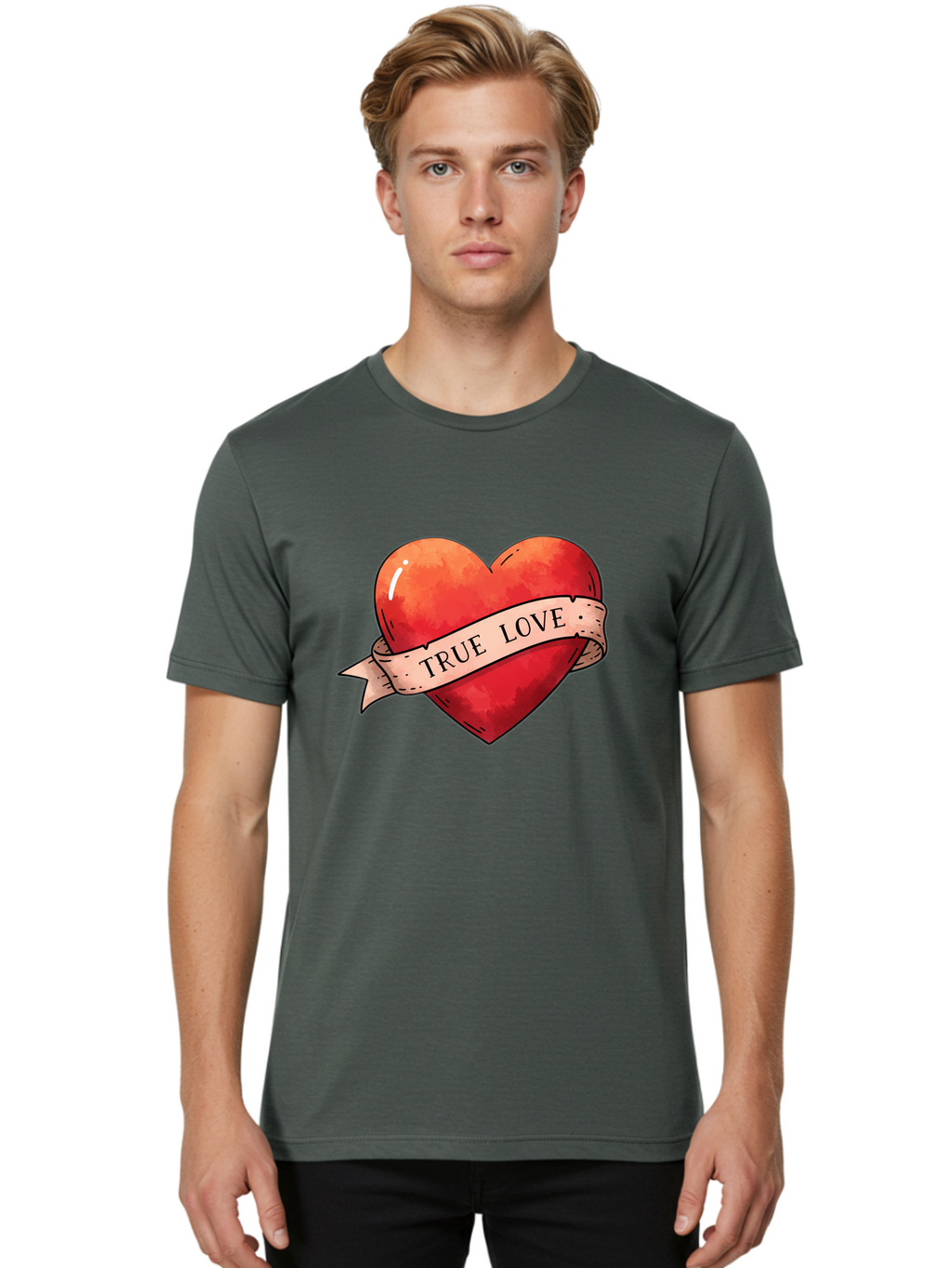 True-Love-Heart Men'S Graphic Tee, 100% Cotton, Comfortable Casual Summer Wear, Machine Washable, Red Heart, True Love, Tattoo Style, Ribbon Banner, Valentines Day Symbol, Love Heart, Classic Tattoo Design, Symbolic Heart Bae320