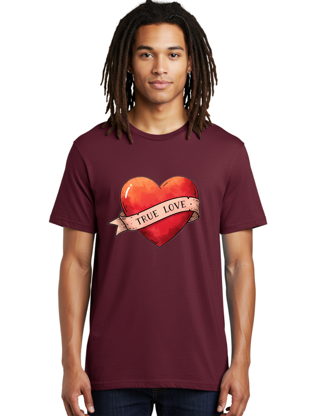 True-Love-Heart Men'S Graphic Tee, 100% Cotton, Comfortable Casual Summer Wear, Machine Washable, Red Heart, True Love, Tattoo Style, Ribbon Banner, Valentines Day Symbol, Love Heart, Classic Tattoo Design, Symbolic Heart Bae320