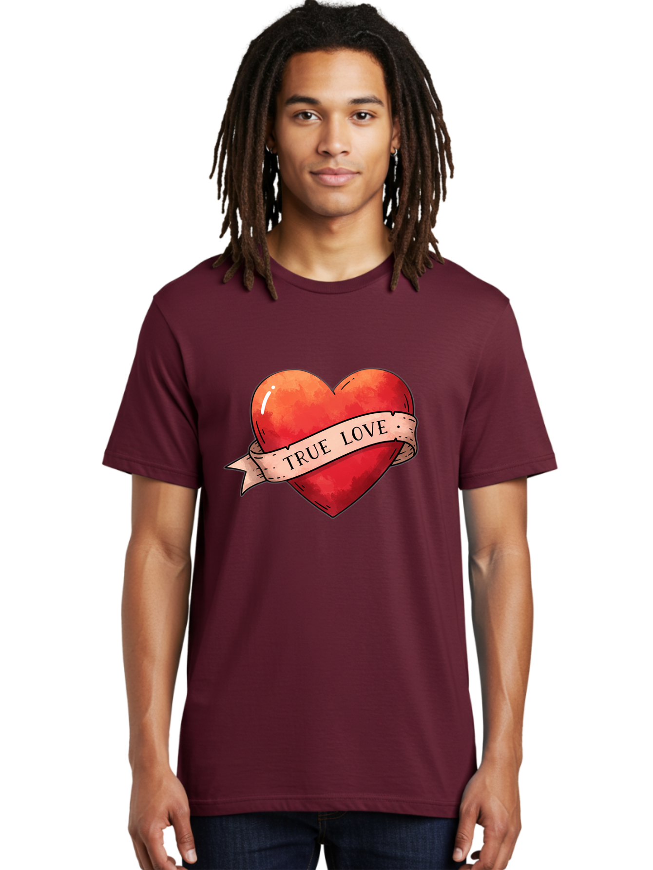 True-Love-Heart Men'S Graphic Tee, 100% Cotton, Comfortable Casual Summer Wear, Machine Washable, Red Heart, True Love, Tattoo Style, Ribbon Banner, Valentines Day Symbol, Love Heart, Classic Tattoo Design, Symbolic Heart Bae320
