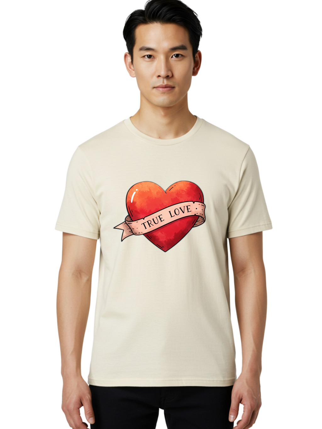 True-Love-Heart Men'S Graphic Tee, 100% Cotton, Comfortable Casual Summer Wear, Machine Washable, Red Heart, True Love, Tattoo Style, Ribbon Banner, Valentines Day Symbol, Love Heart, Classic Tattoo Design, Symbolic Heart Bae320