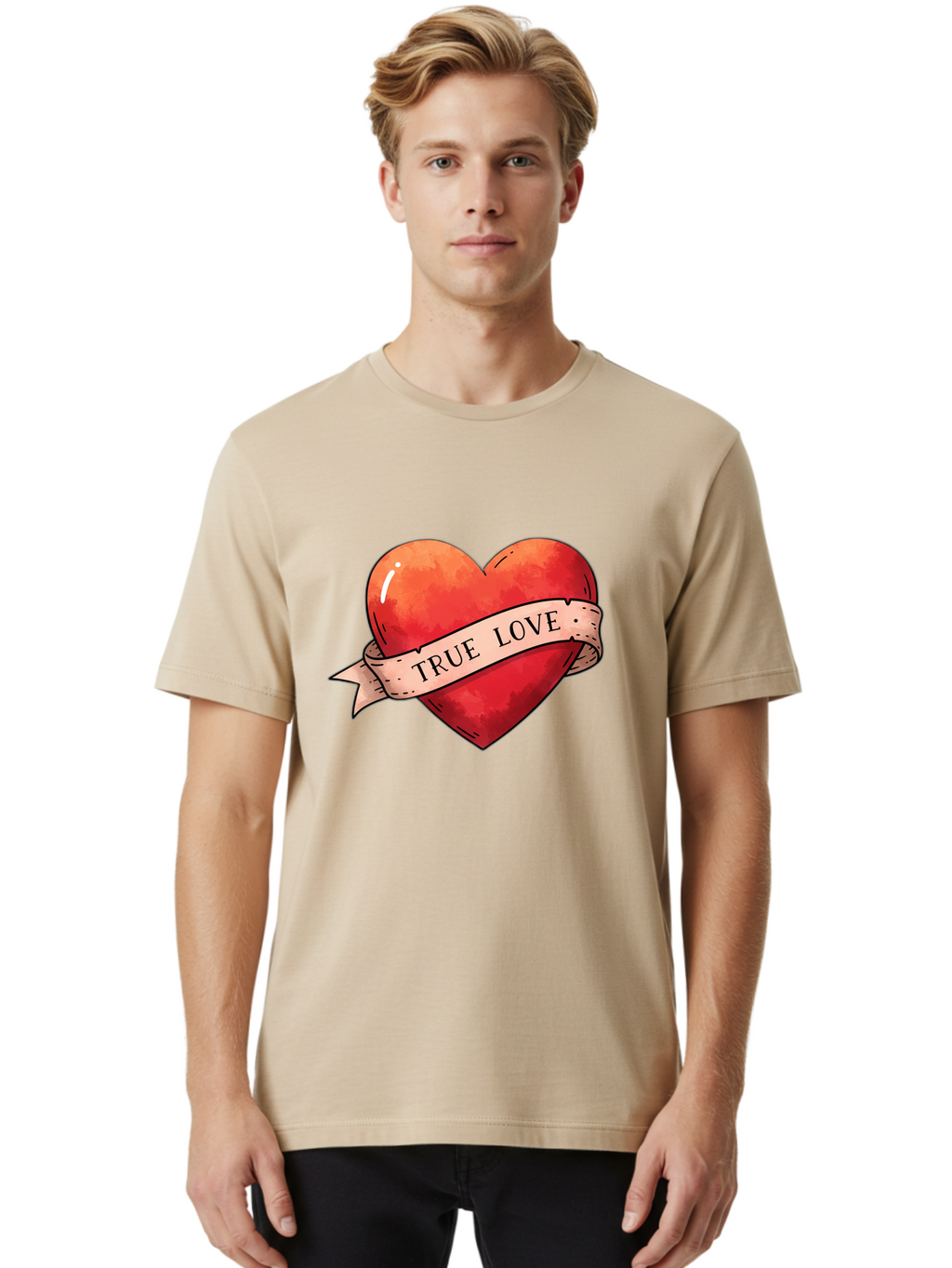 True-Love-Heart Men'S Graphic Tee, 100% Cotton, Comfortable Casual Summer Wear, Machine Washable, Red Heart, True Love, Tattoo Style, Ribbon Banner, Valentines Day Symbol, Love Heart, Classic Tattoo Design, Symbolic Heart Bae320