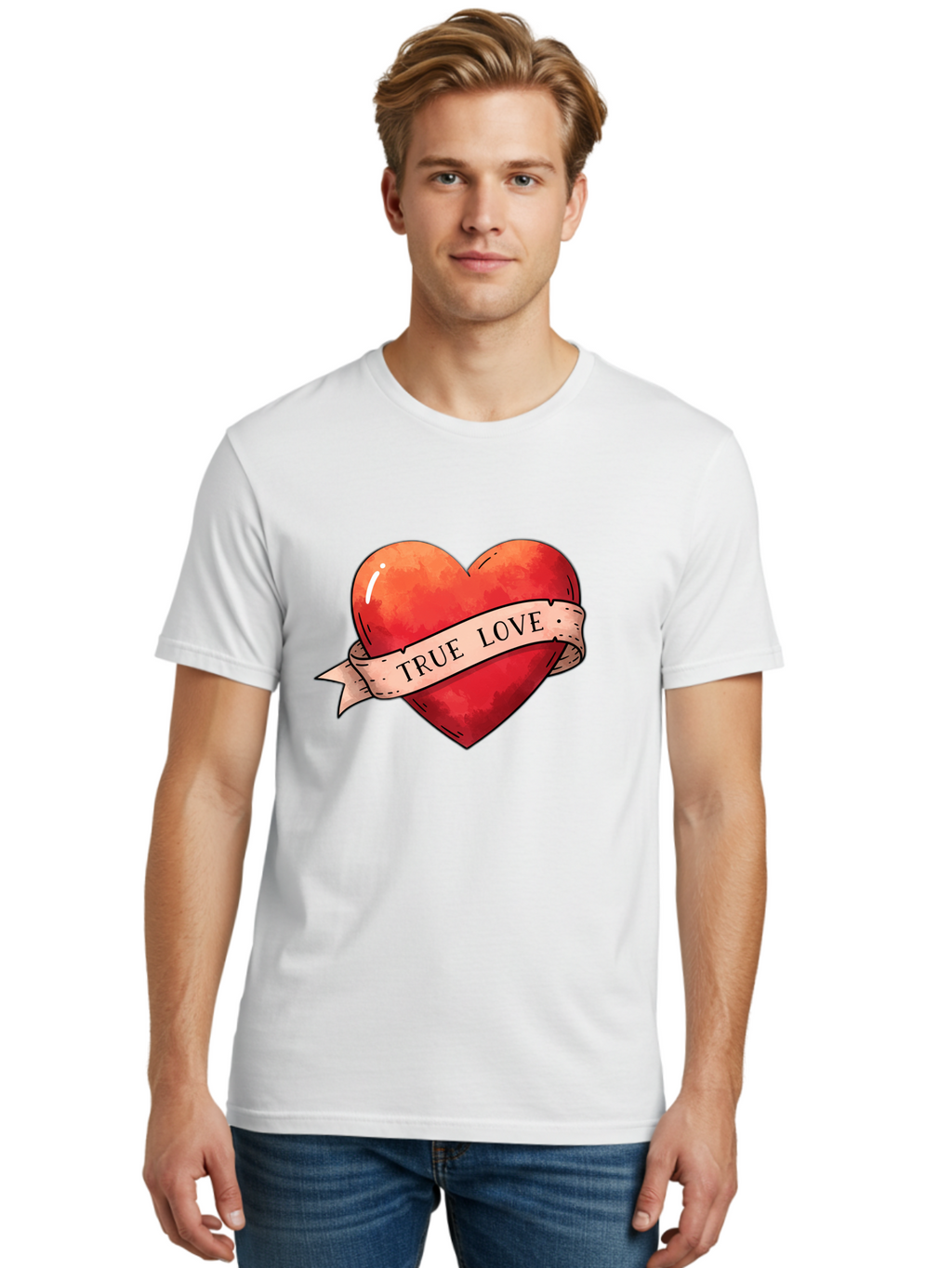 True-Love-Heart Men'S Graphic Tee, 100% Cotton, Comfortable Casual Summer Wear, Machine Washable, Red Heart, True Love, Tattoo Style, Ribbon Banner, Valentines Day Symbol, Love Heart, Classic Tattoo Design, Symbolic Heart Bae320