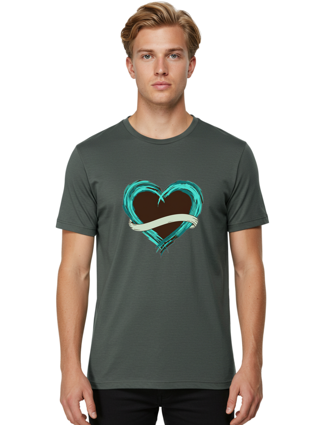 Turquoise-Heart-With-Ribbon Men'S Graphic Tee, 100% Cotton, Comfortable Casual Summer Wear, Machine Washable, Turquoise Heart, Ribbon Banner, Love Symbol, Heart Shape, Blue Heart, Artistic Design, Heart Illustration, Ribbon Wrapped Heart, Bae322