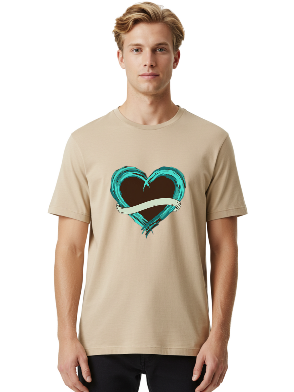 Turquoise-Heart-With-Ribbon Men'S Graphic Tee, 100% Cotton, Comfortable Casual Summer Wear, Machine Washable, Turquoise Heart, Ribbon Banner, Love Symbol, Heart Shape, Blue Heart, Artistic Design, Heart Illustration, Ribbon Wrapped Heart, Bae322