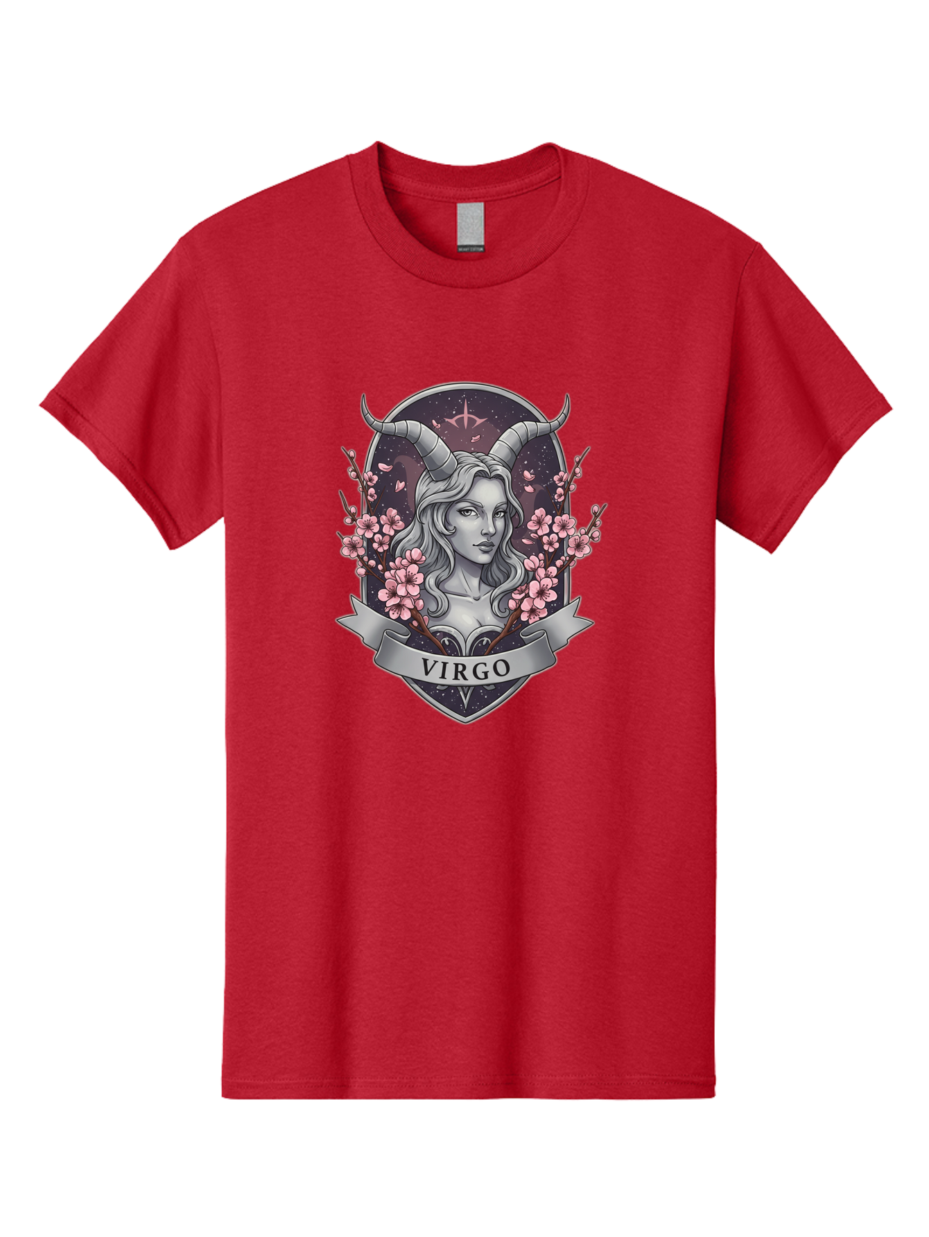 Virgo-1 Men'S Graphic Tee, 100% Cotton, Comfortable Casual Summer Wear, Machine Washable, Virgo Zodiac Sign, Woman With Horns, Cherry Blossoms, Astrology Symbol, Mystical Illustration, Mystical Art, Feminine Energy, Cosmic Design, Stars, Bae323