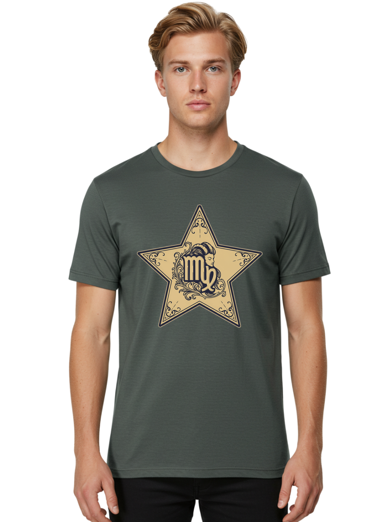 Virgo-Symbol-In-Star Men'S Graphic Tee, 100% Cotton, Comfortable Casual Summer Wear, Machine Washable, Virgo Zodiac Sign, Star Symbol, Astrology, Horoscope, Mystical Signs, Filigree Designs, Ornate Patterns, Feminine Profile Bae324