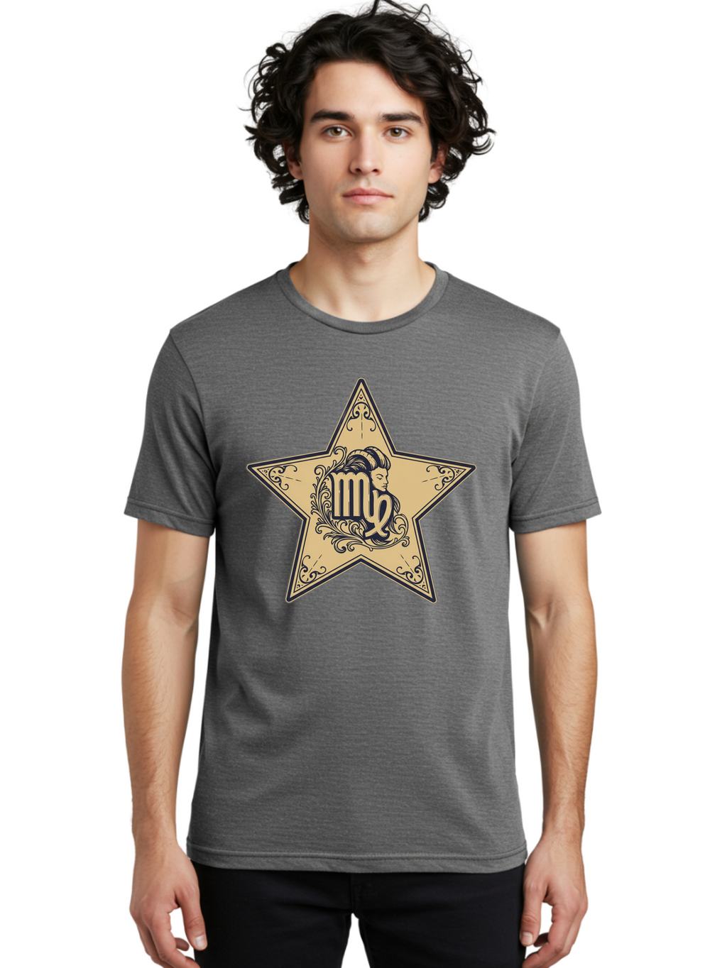 Virgo-Symbol-In-Star Men'S Graphic Tee, 100% Cotton, Comfortable Casual Summer Wear, Machine Washable, Virgo Zodiac Sign, Star Symbol, Astrology, Horoscope, Mystical Signs, Filigree Designs, Ornate Patterns, Feminine Profile Bae324