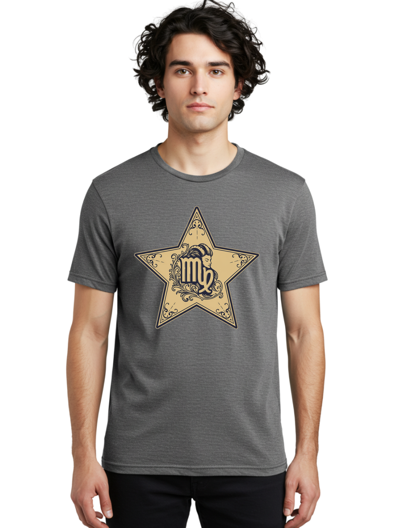 Virgo-Symbol-In-Star Men'S Graphic Tee, 100% Cotton, Comfortable Casual Summer Wear, Machine Washable, Virgo Zodiac Sign, Star Symbol, Astrology, Horoscope, Mystical Signs, Filigree Designs, Ornate Patterns, Feminine Profile Bae324