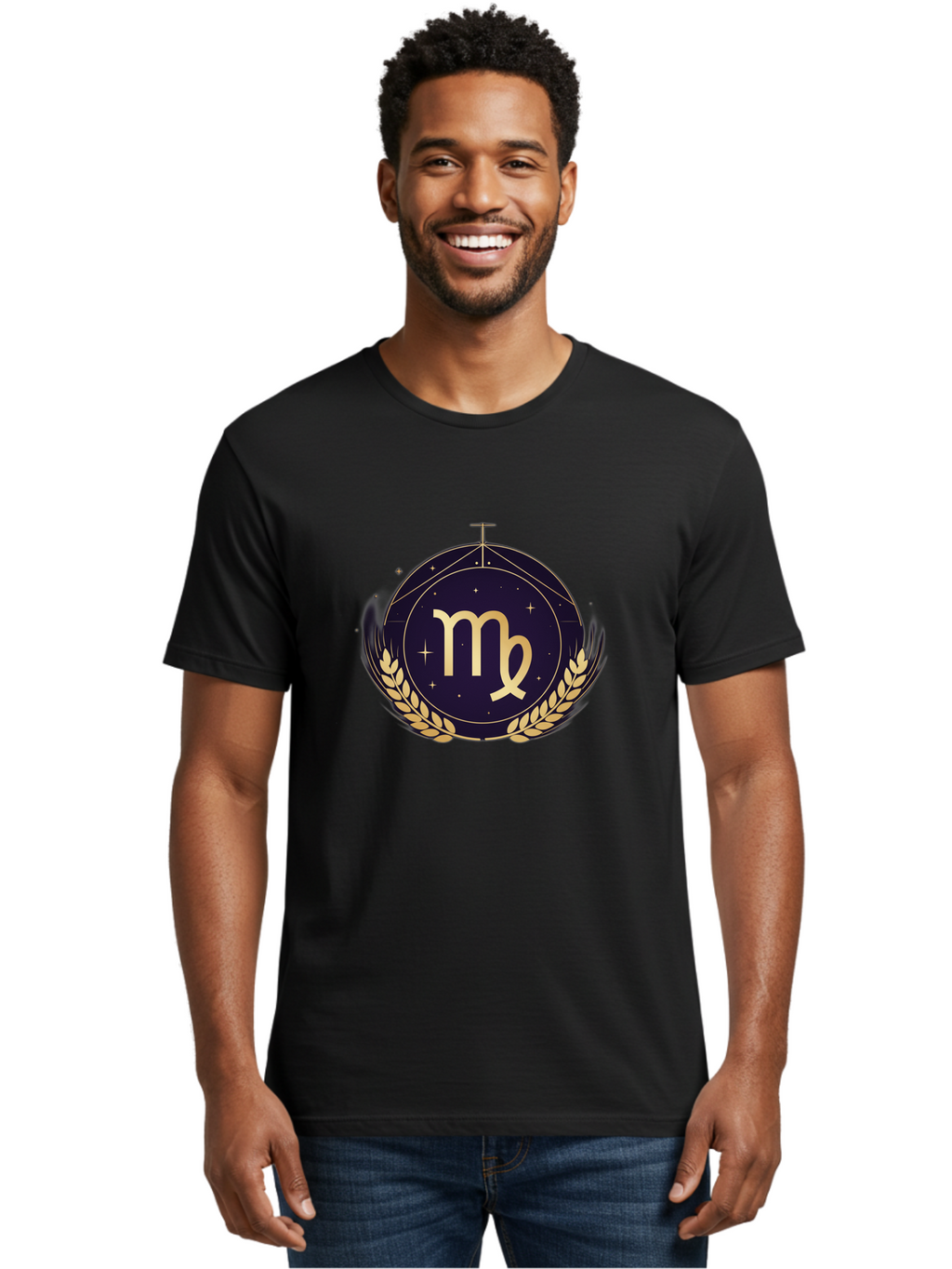 Virgo-Zodiac-Symbol Men'S Graphic Tee, 100% Cotton, Comfortable Casual Summer Wear, Machine Washable, Virgo Zodiac Sign, Astrology Symbol, Gold Laurel Wreath, Celestial Theme, Mystical Design, Horoscope Icon, Starry Night Sky Bae325
