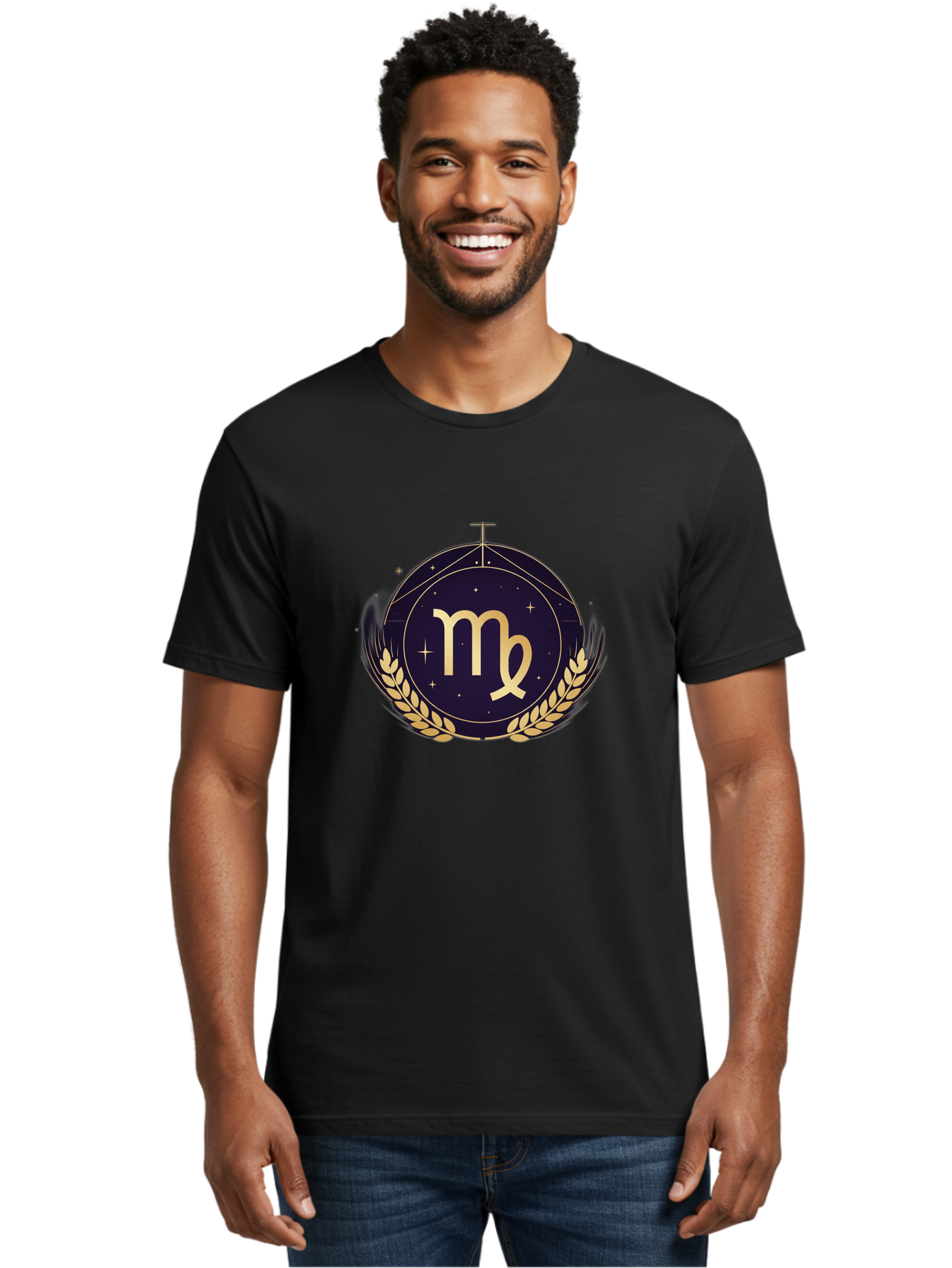 Virgo-Zodiac-Symbol Men'S Graphic Tee, 100% Cotton, Comfortable Casual Summer Wear, Machine Washable, Virgo Zodiac Sign, Astrology Symbol, Gold Laurel Wreath, Celestial Theme, Mystical Design, Horoscope Icon, Starry Night Sky Bae325