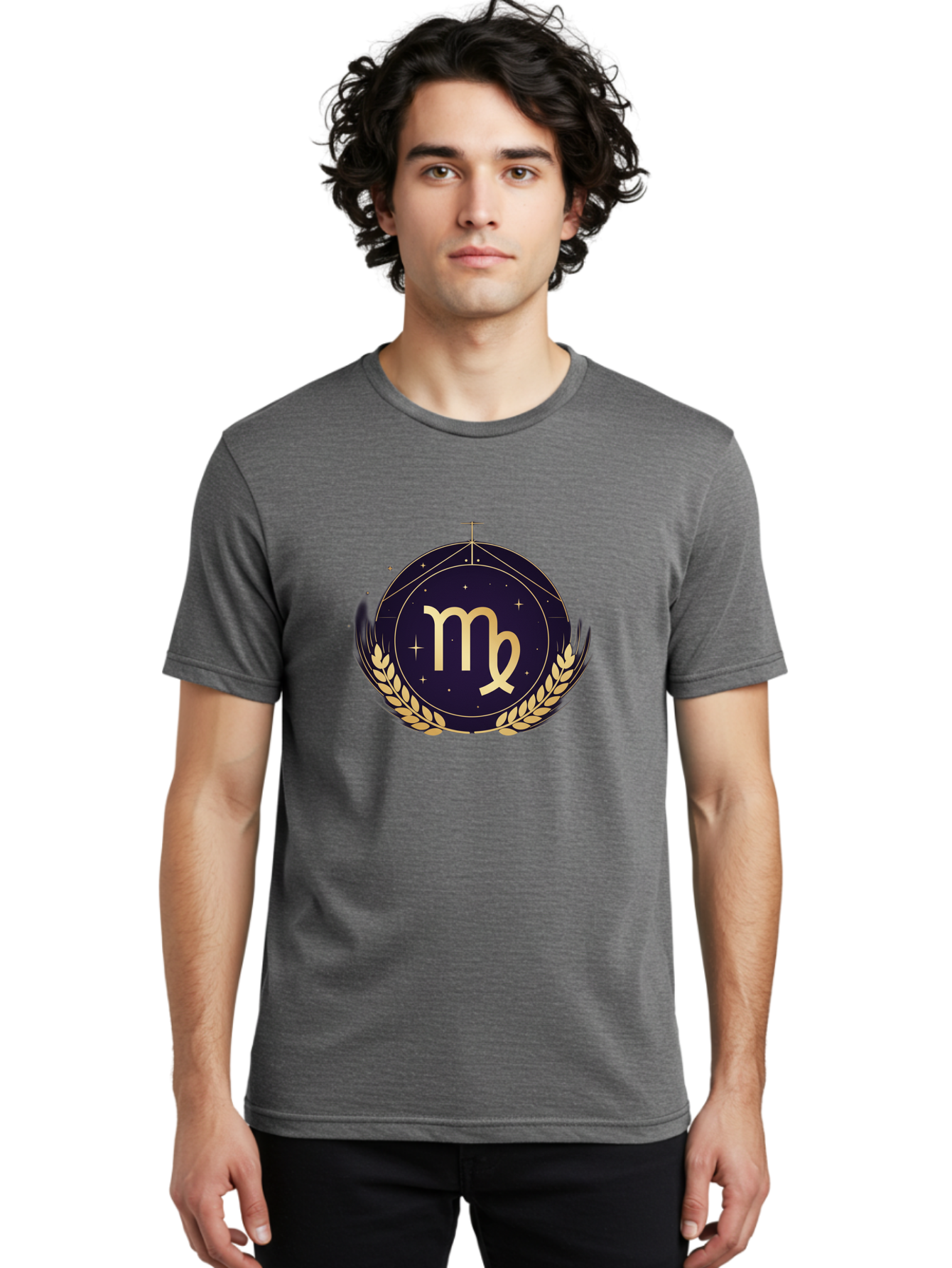 Virgo-Zodiac-Symbol Men'S Graphic Tee, 100% Cotton, Comfortable Casual Summer Wear, Machine Washable, Virgo Zodiac Sign, Astrology Symbol, Gold Laurel Wreath, Celestial Theme, Mystical Design, Horoscope Icon, Starry Night Sky Bae325